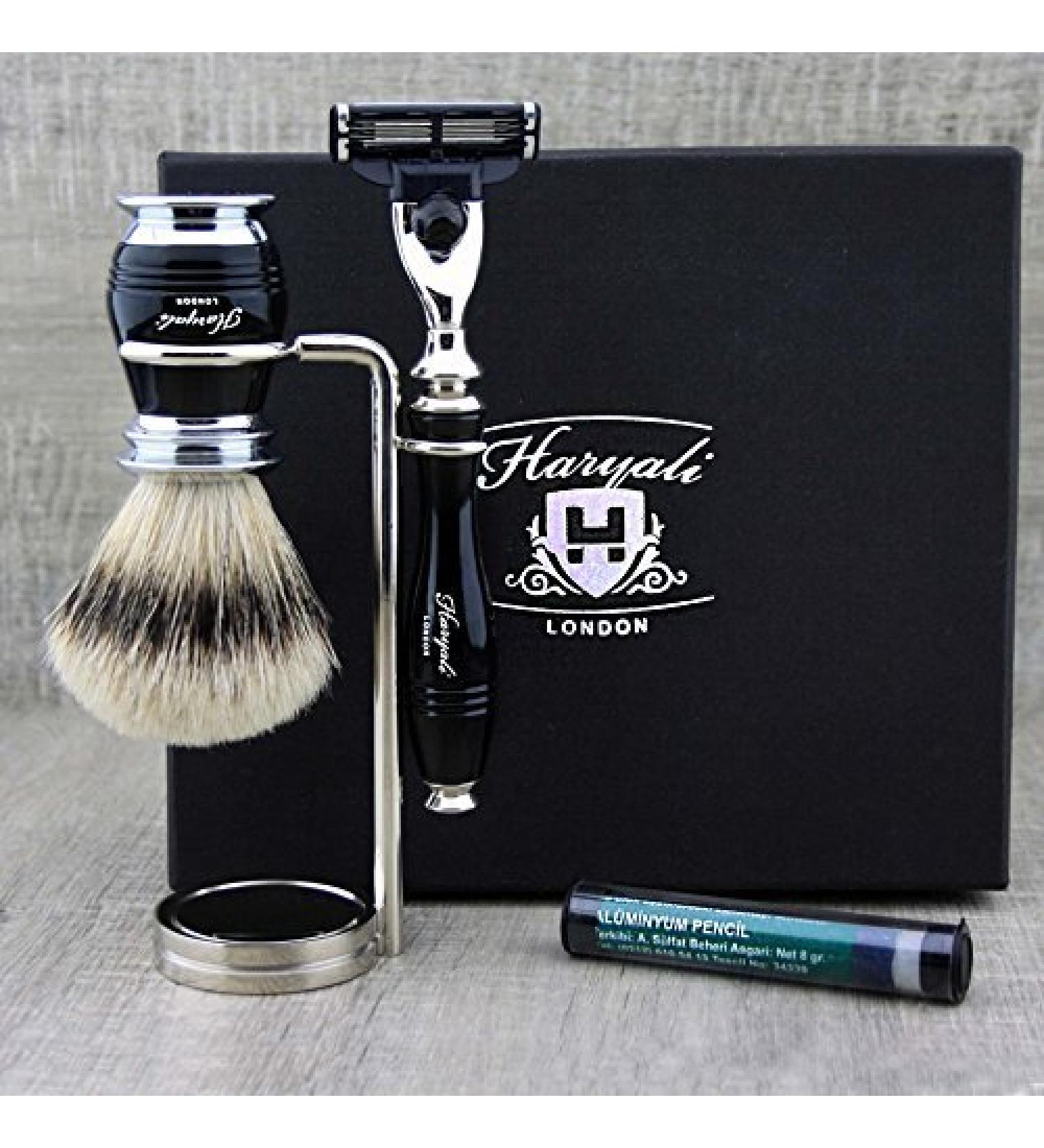 4Pc Men's Shaving Kit - Premium 3 Edge Razor Silver Tip Badger Brush Dual Stand & Alum Pencil - Perfect Grooming Set for Men - Buy Online on GoSupps.com