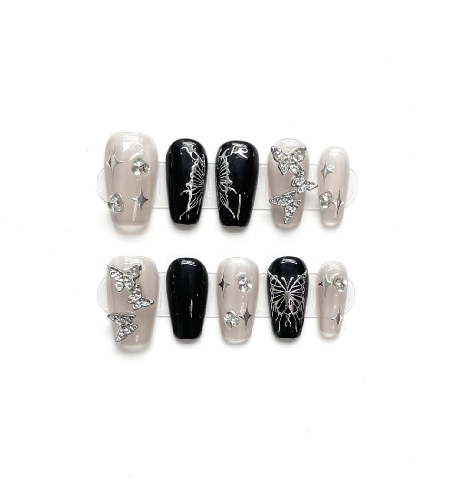 Full Diamond Nail Decoration Dove Bridal Wedding Nail Handmade Wearing Nail Decoration Removable False Nail Patch(Black S)