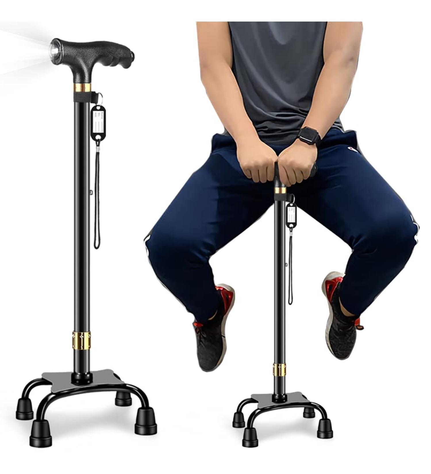 LED Light Walking Cane for Seniors - Telescopic Non-Slip Cane with 10 Height Adjustments & Travel Bag - Stable & Portable Walking Stick for Men & Women - Big 4 Feet - Black - Buy Online on GoSupps.com