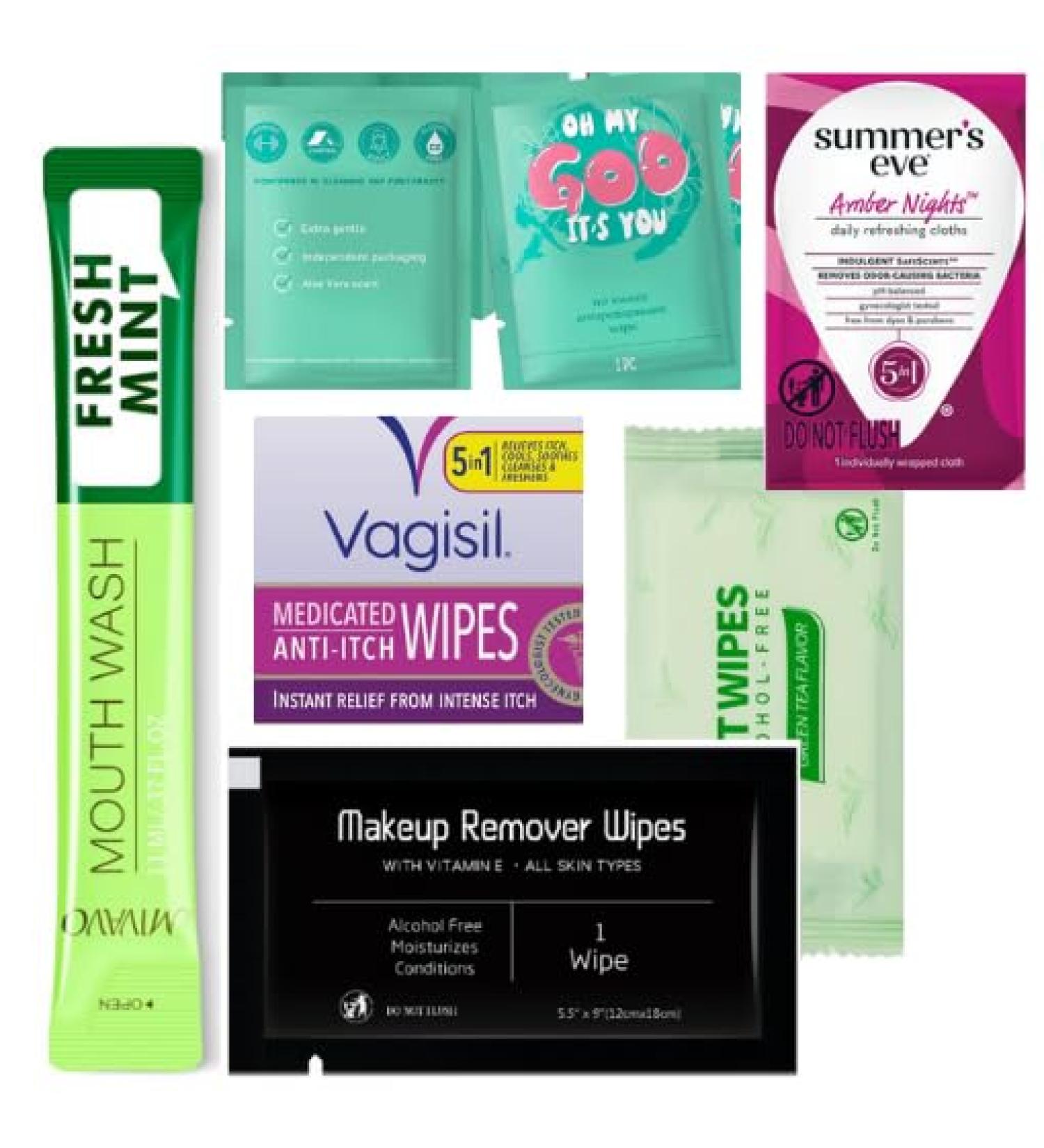 Feminine wash kit travel expected the unexpected and keep confident with individual wrap items QR code (Anti-Itch & Amber Nights)