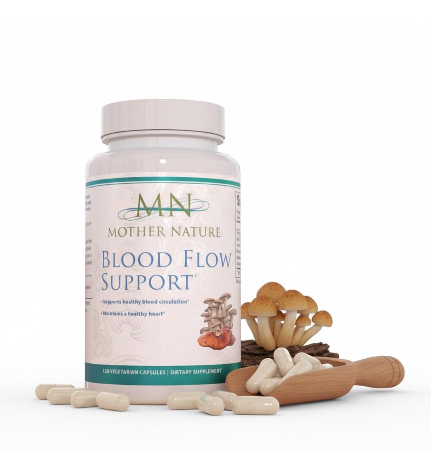 MN Mother Nature Blood Flow Support Mushrooms Supplement - 1000mg Blend - 120 Vegetarian Capsules - Made in USA - Buy Online on GoSupps.com
