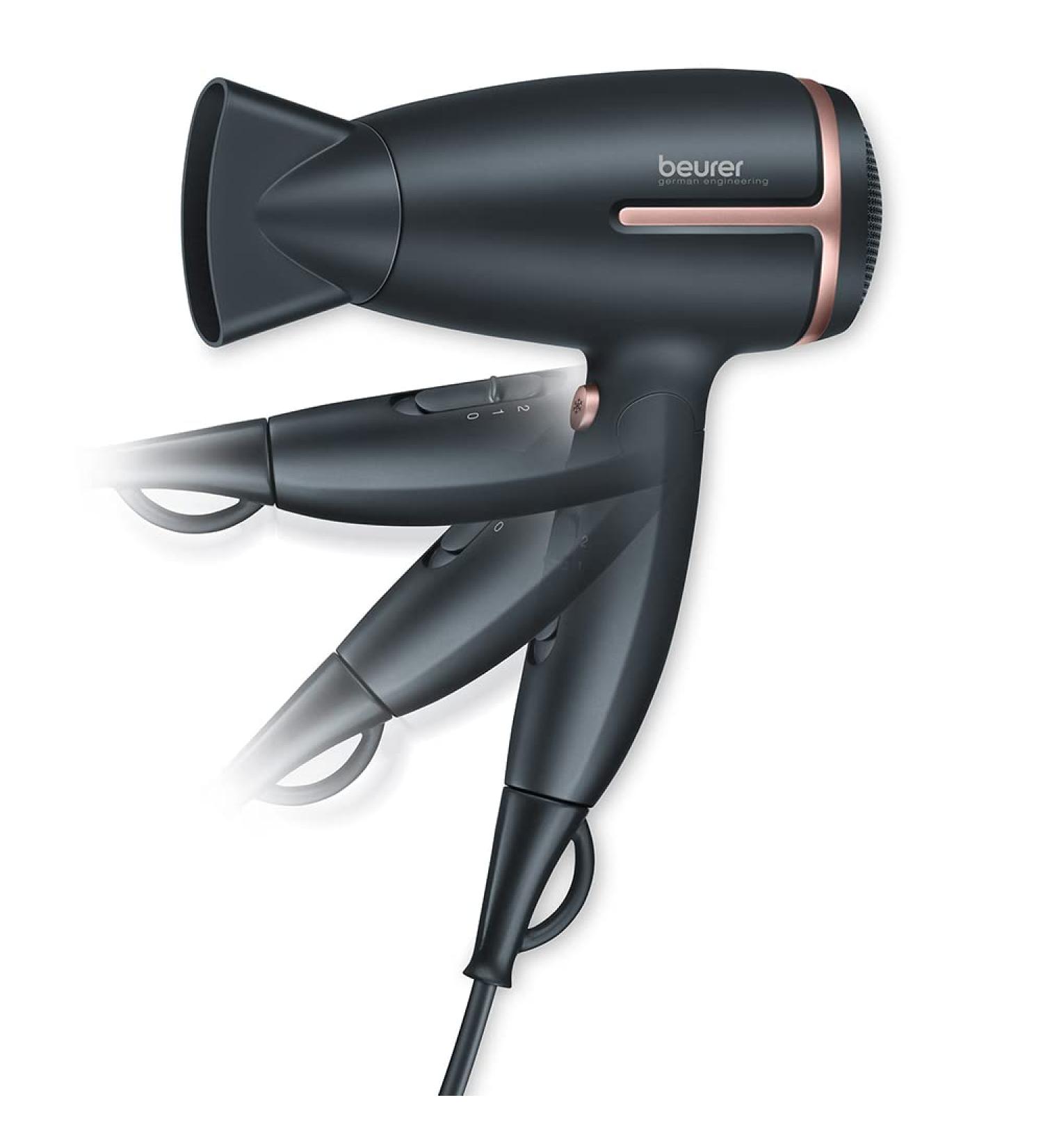 Beurer Style Pro HC25 Travel Hair Dryer - Dual Voltage Lightweight Portable Hairdryer (1200/1600 Watts) - Ion Function & Overheat Protection - Gold/Black - Buy Online on GoSupps.com