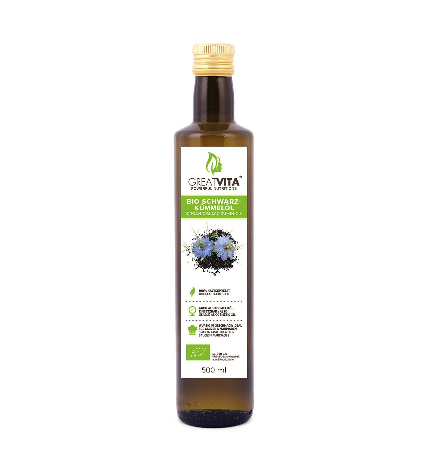 GreatVita Organic Black Cumin Oil - Cold Pressed 500ml | Rich in Unsaturated Fatty Acids - International Shipping - Buy Online on GoSupps.com