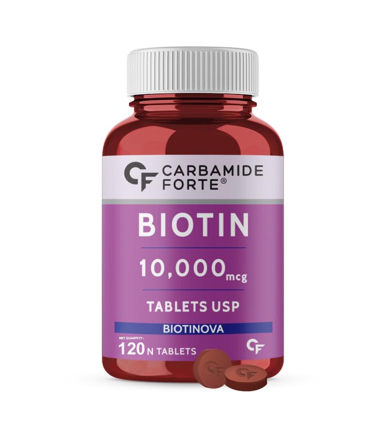 Carbamide Forte Biotin 10000mcg (High Potency) per Veg Tablet - Supports Hair Growth Glowing Skin and Strong Nails - Biotinova (120 Tablets) - Buy Online on GoSupps.com