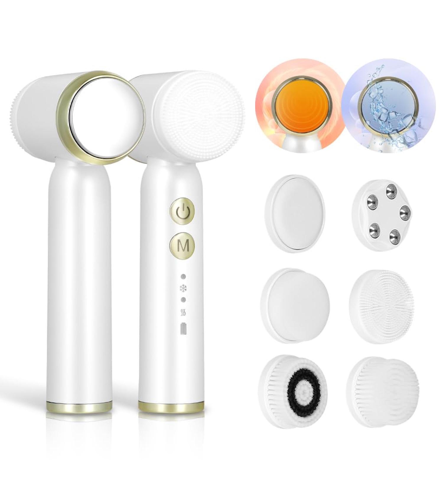 Aofesel 6-In-1 Rechargeable Electric Facial Cleansing Brush Cleanses and Exfoliates Skin Dual Hot and Cold Modes Kit with 6 Interchangeable Heads IPX7 Waterproof - Buy Online on GoSupps.com