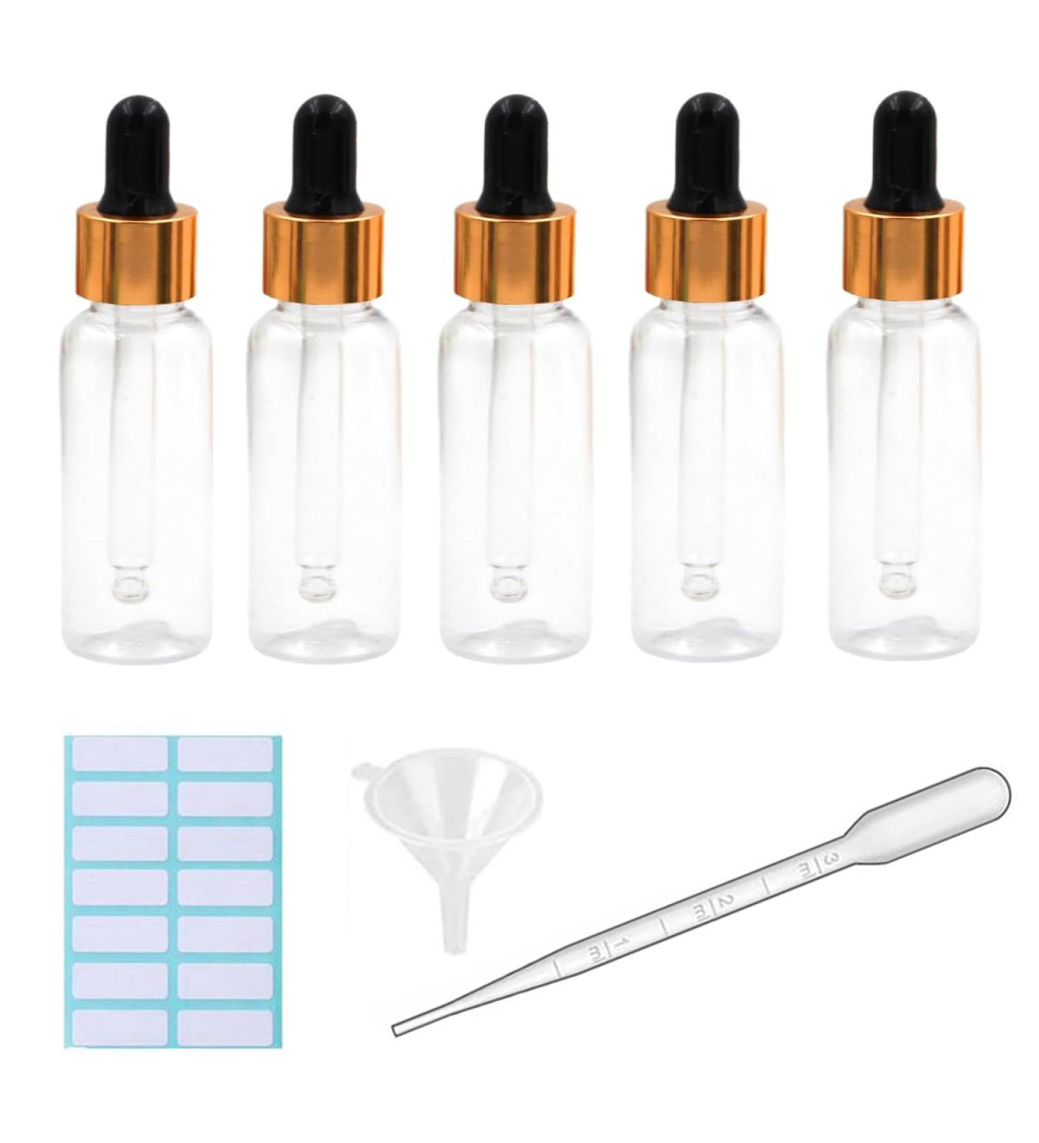 5Pcs Transparent Dropper Bottle 50ML Plastic Eye Dropper Bottles for Essential Oil Pipette Refillable - with Measured Pipette Funnel and Labels (Black + Gold Cap) 50ml Black + Gold Cap - Buy Online on GoSupps.com