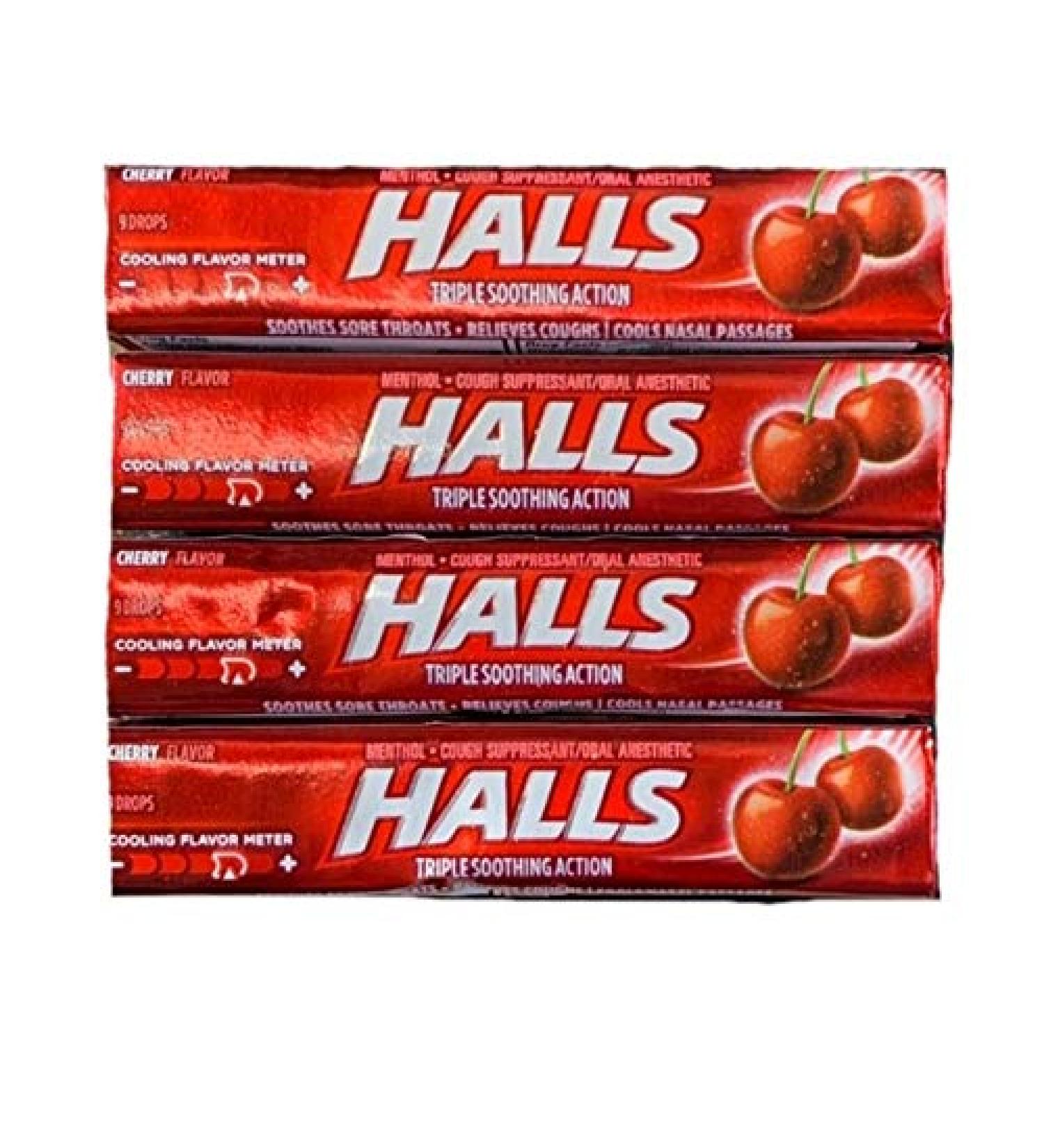 Halls Triple Soothing Action Drops | Cherry Flavor Cough Drops | Menthol Cough Suppressant and Oral Anesthetic | 9 Drop Sleeves | Pack of 4 Sleeves