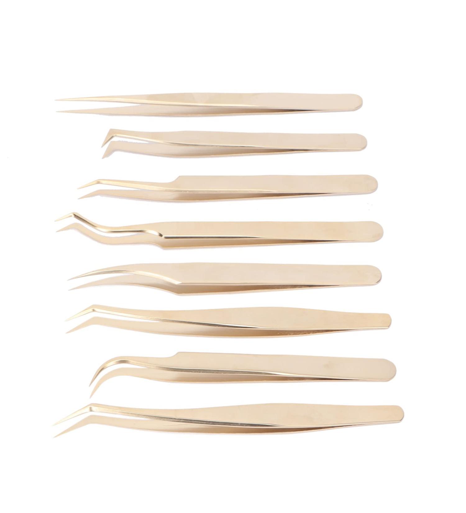 Shenruifa 8-Part Eyelash Extension Tweezers Set | Stainless Steel Curved & Straight Tweezers | Beauty Tools | Mother-of-Pearl Gold Finish - Buy Online on GoSupps.com