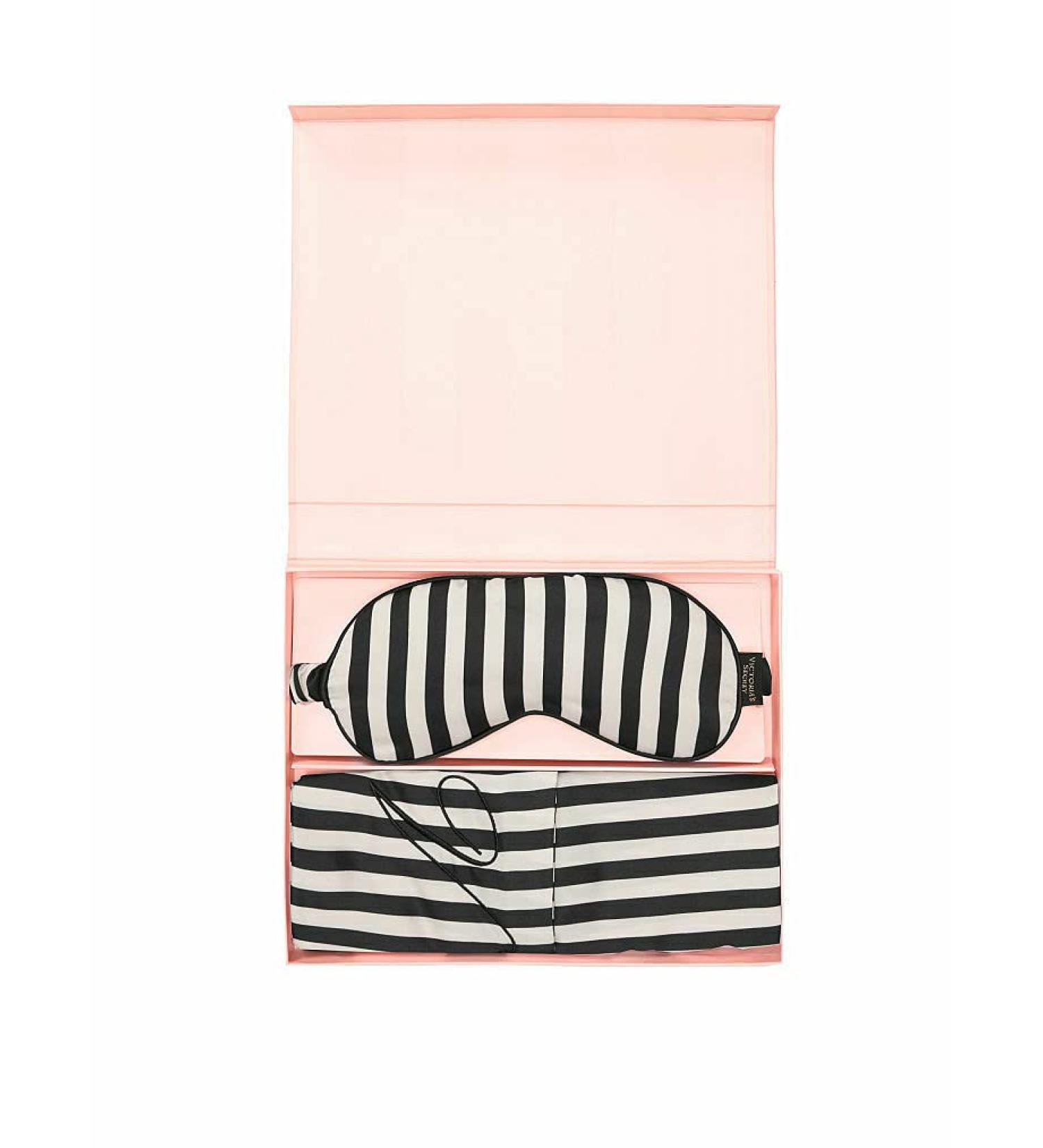 Victoria's Secret Black W/Pink Signature Stripe Satin Pink Pillow Case & Eye Mask Gift Set (Black W/Pink Signature Stripe)