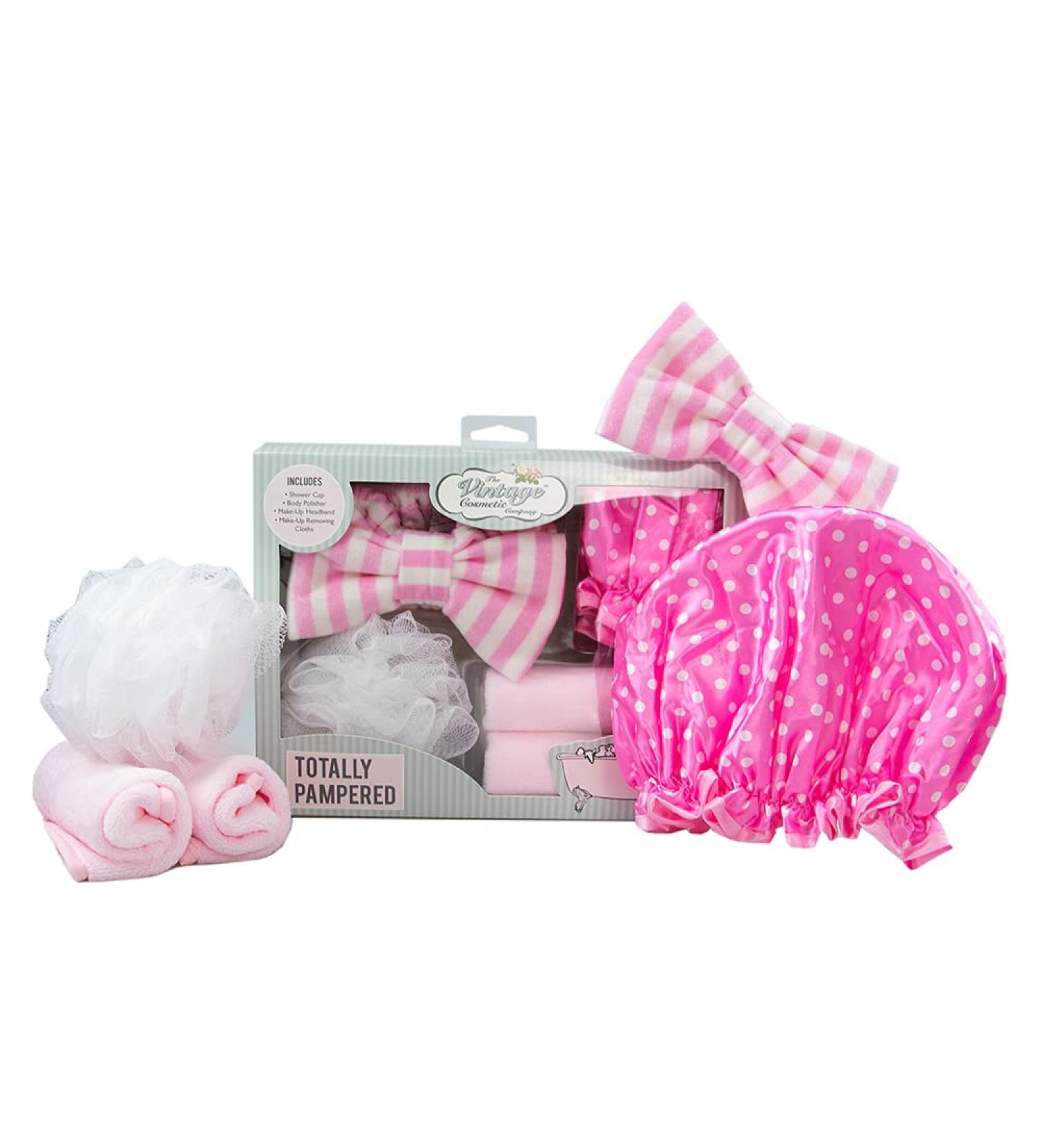 The Vintage Cosmetic Company Totally Pampered Kit Collection Includes Make Up Headband Body Polisher Shower Cap and Make Up Removing Cloths Relax and Pamper Gift Set Pink Design