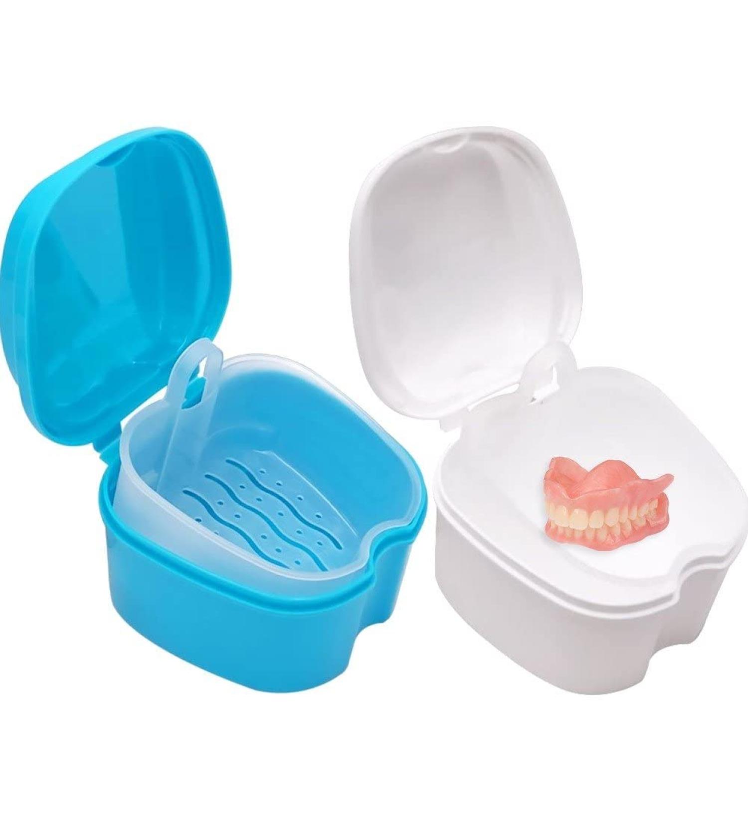 Eriction 2PCs Dental False Teeth Storage Box Organizer - Blue & White Bathroom Container for Dentures | Portable & Easy Cleaning - Buy Online on GoSupps.com
