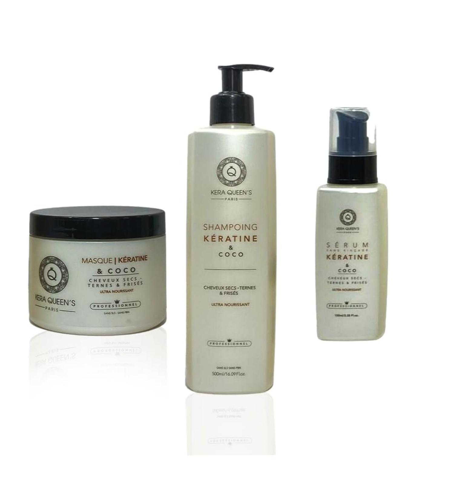 Daily ritual trio kit for DRY & DAMAGED hair - Mask + Shampoo + Serum - Keratin & Coconut - Kera Queen's