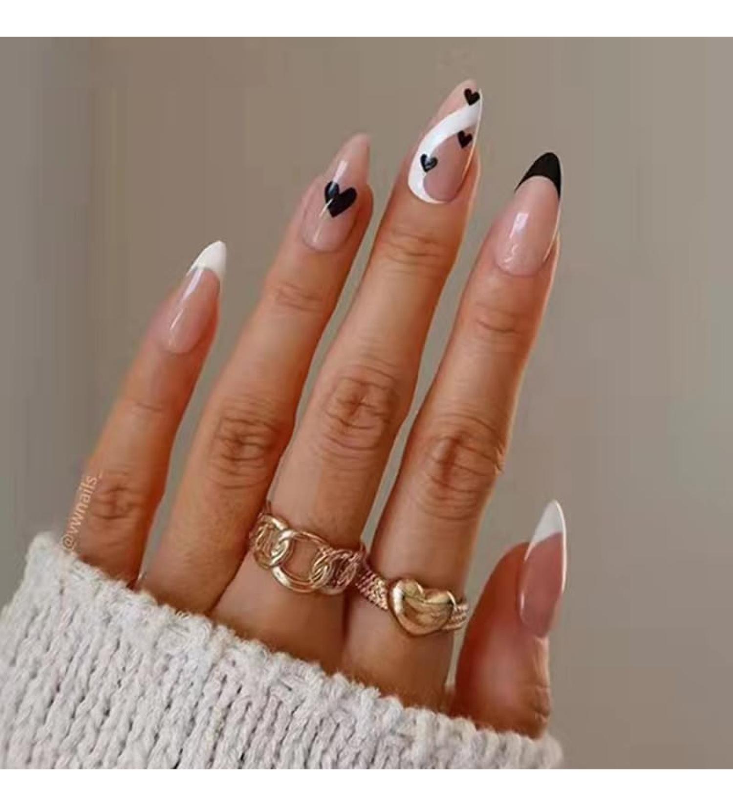 French Tip Press on Nails - Medium Press On Nails with Nail Tips Black heart French white lines fake nails with almond shaped Design press on nails Acrylic False Nails Cute Artificial Nails - Buy Online on GoSupps.com