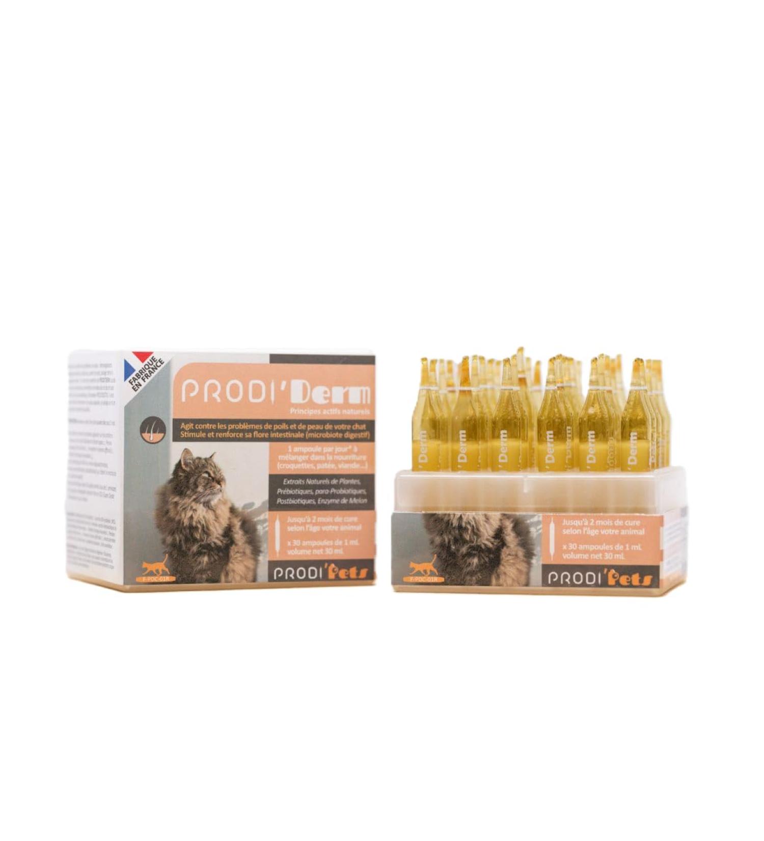 PRODIPETS - Skin Care and Coat Beauty - Food Supplement - Natural Active Ingredients Based on Para-probiotics and Plant Extracts - 30 Ampoules - 1 Month Treatment - PRODI'DERM Cat - 110 g - Buy Online on GoSupps.com