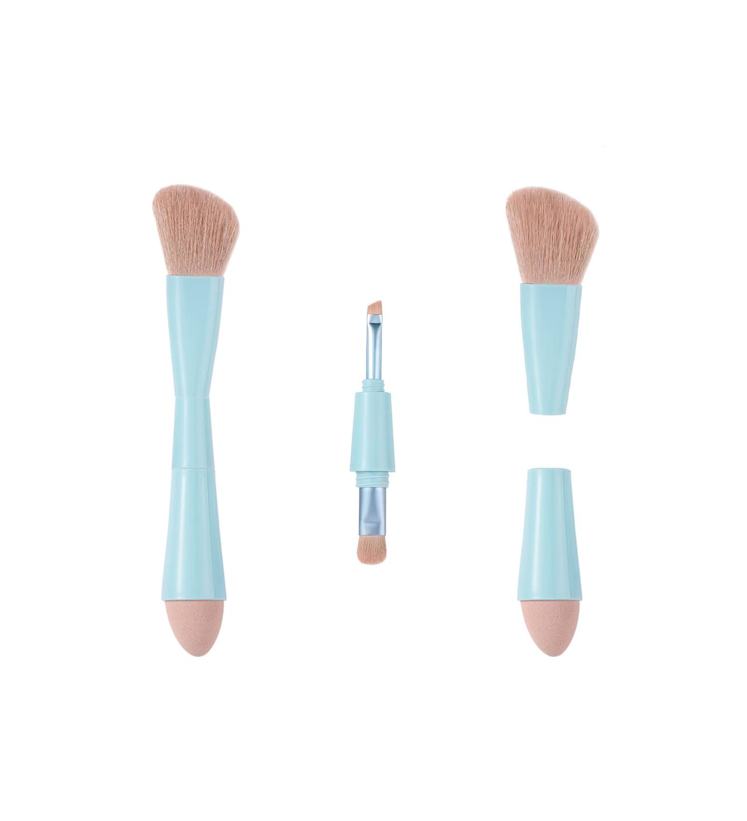4-in-1 Travel Makeup Brush Set - Eyeshadow, Eyebrow, Liner & Blush Blending Brush with All-in-One Makeup Sponge - Blue - Buy Online on GoSupps.com