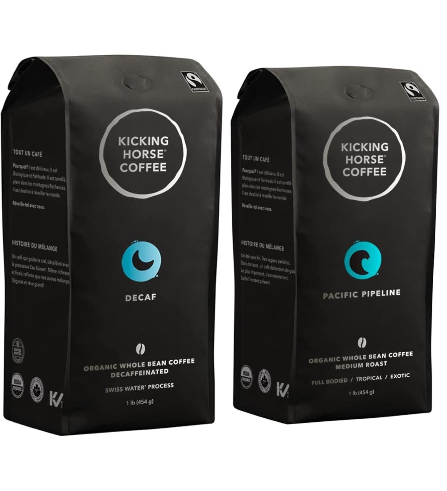 Kicking Horse Coffee Decaf Swiss Water Process Dark Roast Whole Bean 1 lb - Certified Organic Fairtrade Kosher Coffee & Pacific Pipeline Medium Roast Whole Bean 1 lb - Certified Organic - Buy Online on GoSupps.com