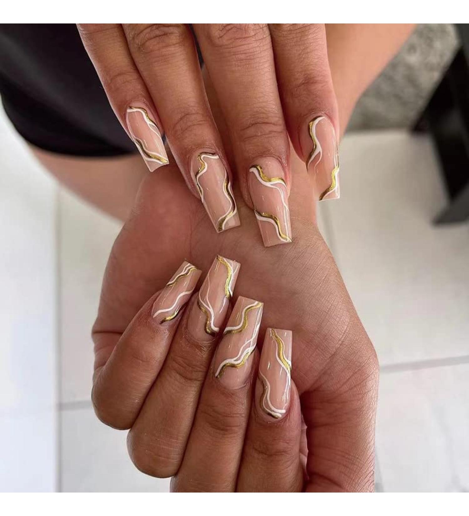 Justotry 24-Piece Gold Swirl Coffin Nails - Medium-Length Pink French Artificial Press-On Nails for Women - Buy Online on GoSupps.com