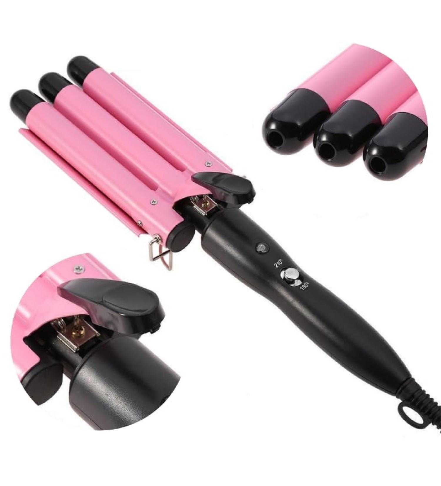 Nebula-X Three Barrel Curling Iron Wand - 1 Inch Ceramic Tourmaline Triple Barrels Dual Voltage Crimp (Pink) - Buy Online on GoSupps.com