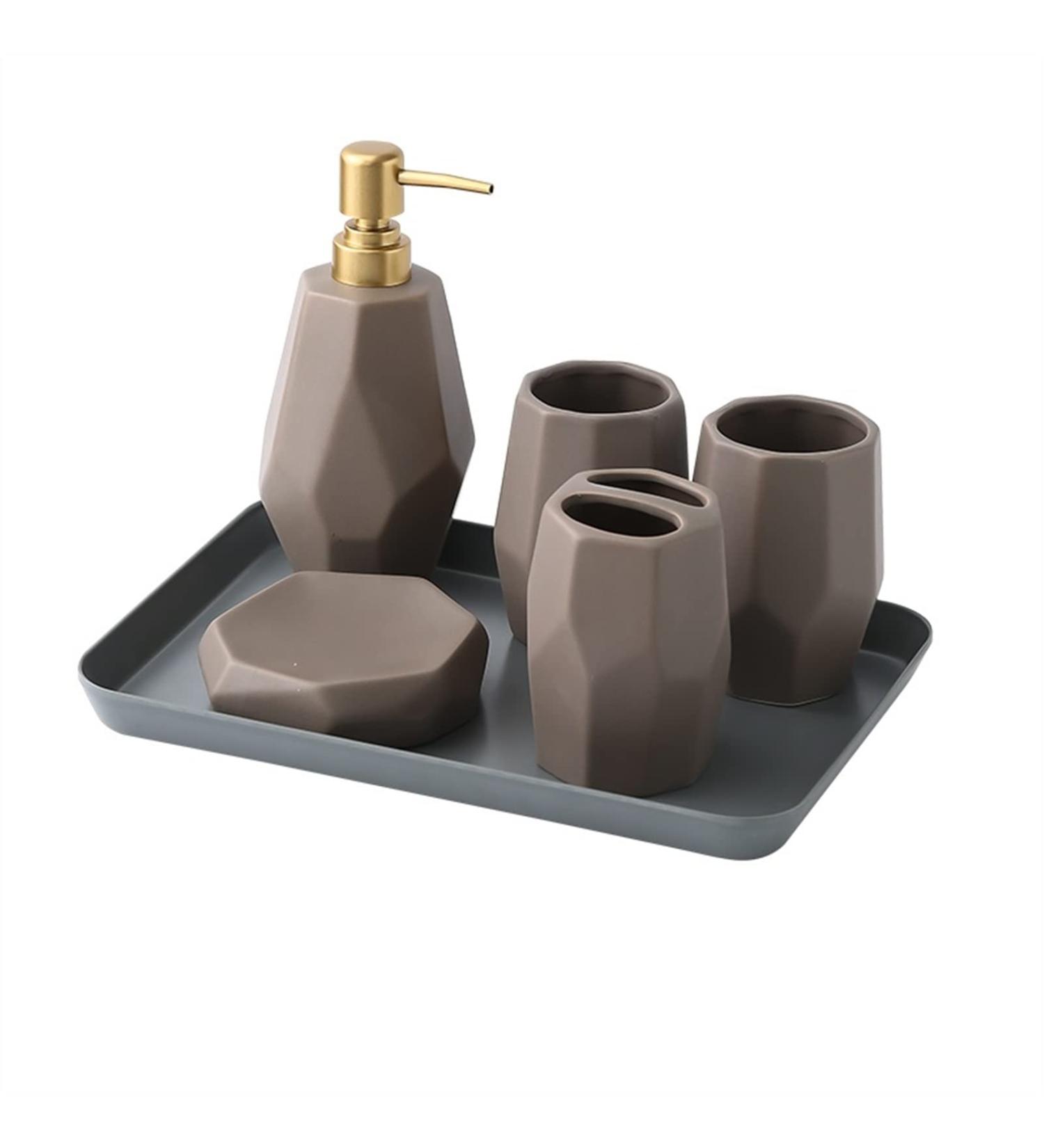 Riner 6pcs Ceramic Soap Dispenser Set - Stylish Bathroom Decor & Toothbrush Holder with ABS Pump - Soap Box & Lotion Bottle Included - Buy Online on GoSupps.com