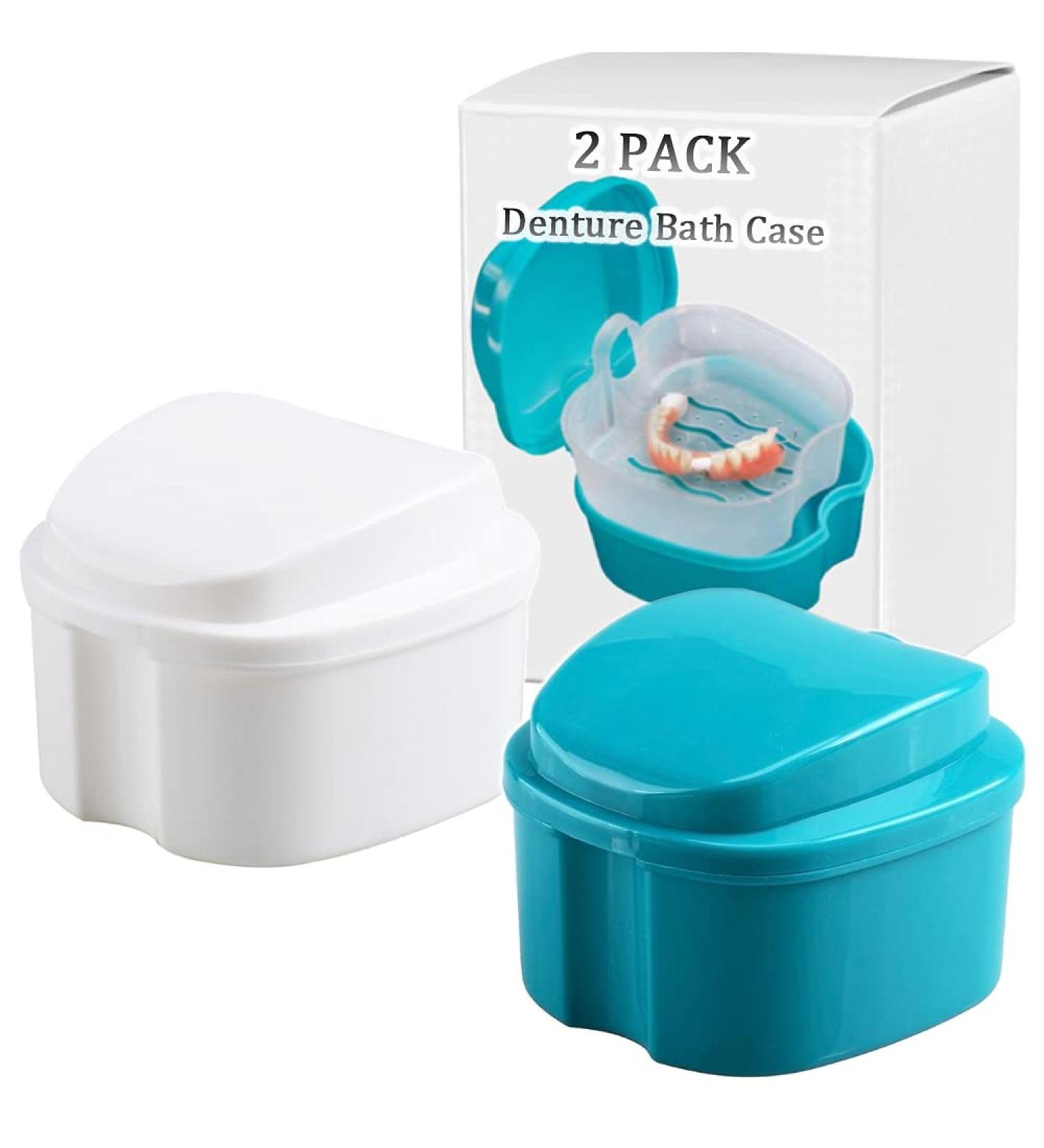Denture Bath Box - Complete Care for Dentures, Braces, False Teeth, Mouth Guard, Night Guard & Retainers - Blue & White - Buy Online on GoSupps.com