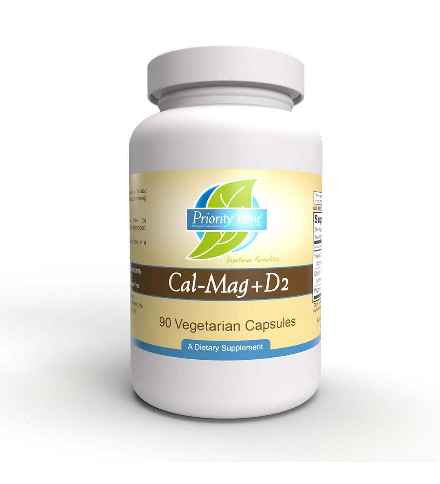 Priority One Vitamins Cal Mag + D2 90 Vegetarian Capsules - Vegan Calcium Magnesium Supplement for Strong Bones - Buy Online on GoSupps.com