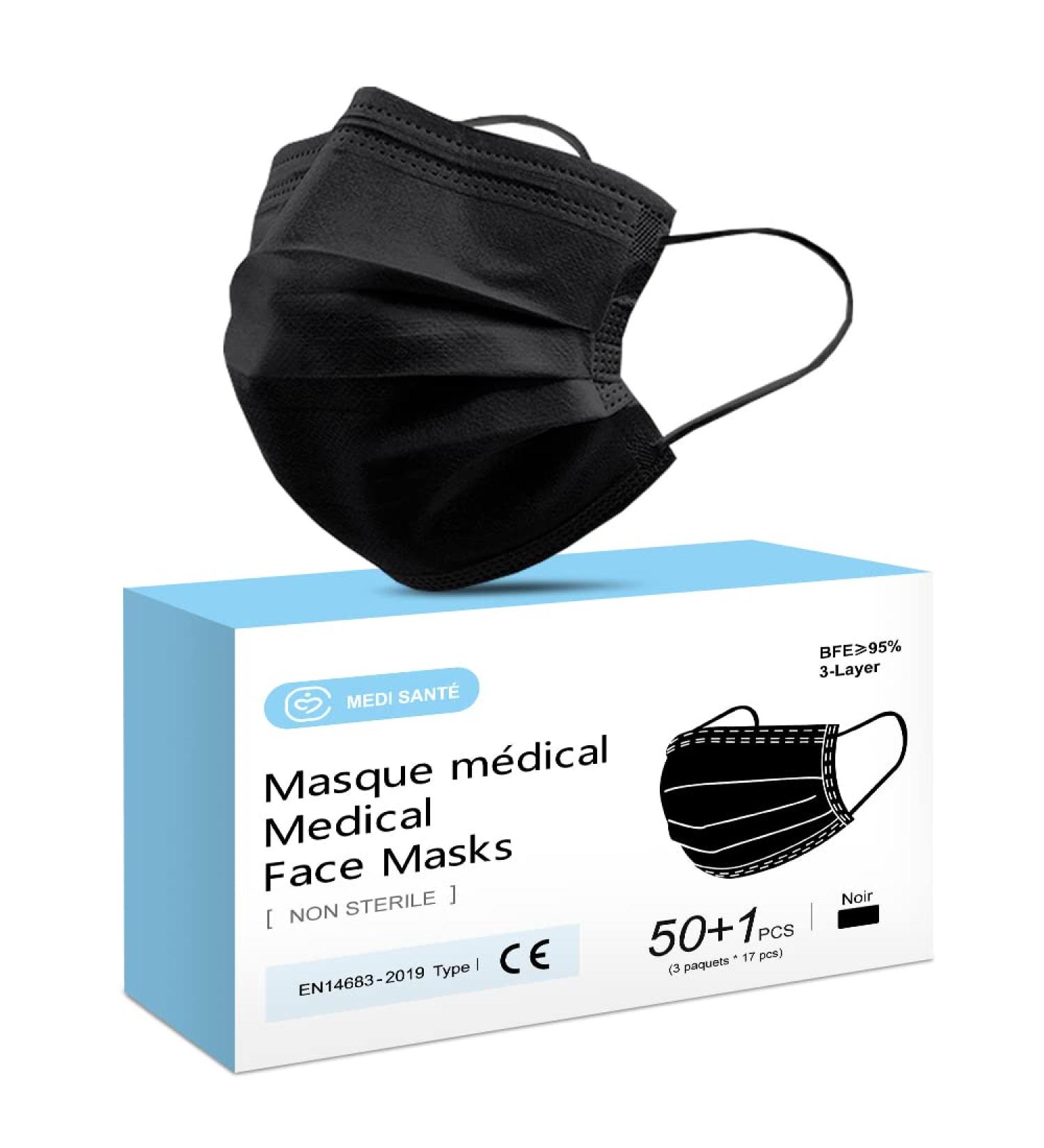 MEDI SANT 50+1 Black Disposable Surgical Masks - EN14683 Type I BFE 95% 3-Ply Protective Face Masks for International Shipping - Buy Online on GoSupps.com
