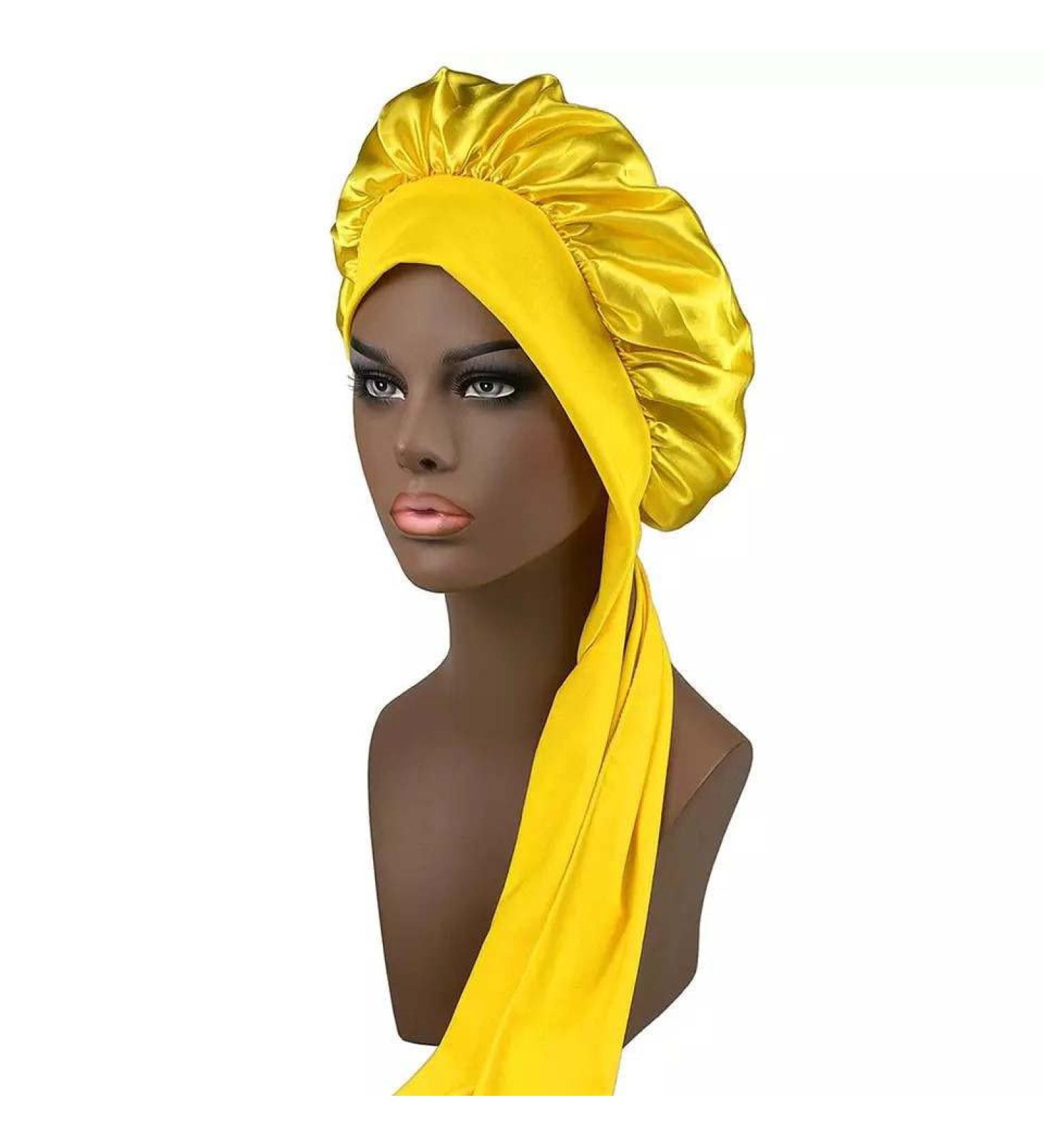 Satin Bonnet Silk Sleep Cap Hair Bonnets for All Women Stretchy Tie Band Hair Cap for Curly Hair Silk Hair Wrap Yellow