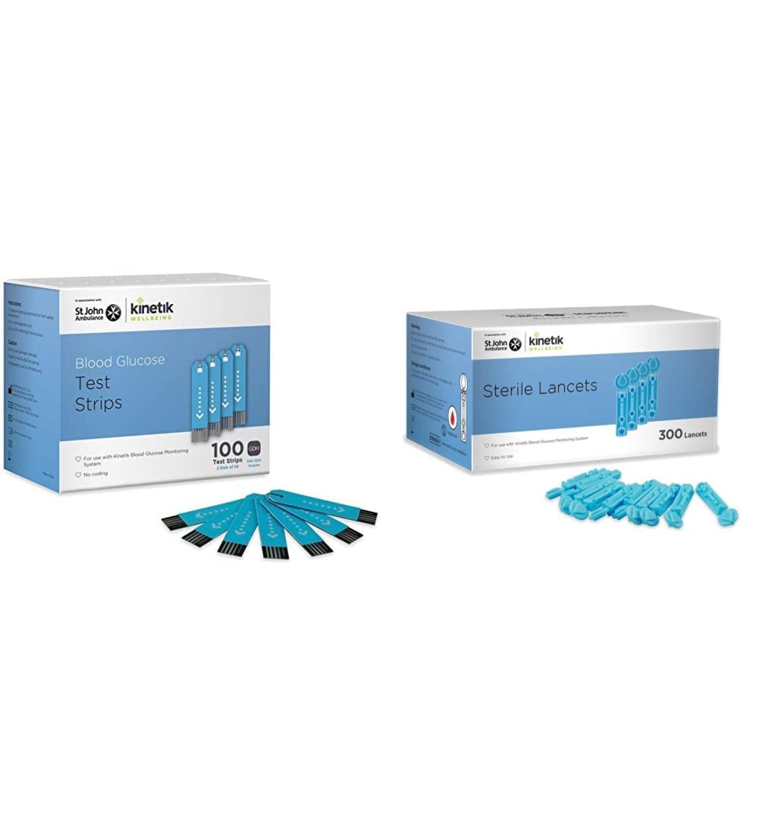 Kinetik Wellbeing Blood Glucose Test Strips (Pack of 100) Used by The NHS & Sterile Lancets (Pack of 300) Used by The NHS in Association with St John Ambulance 100 count (Pack of 1) + Sterile Lancets Pack of 300 - Buy Online on GoSupps.com
