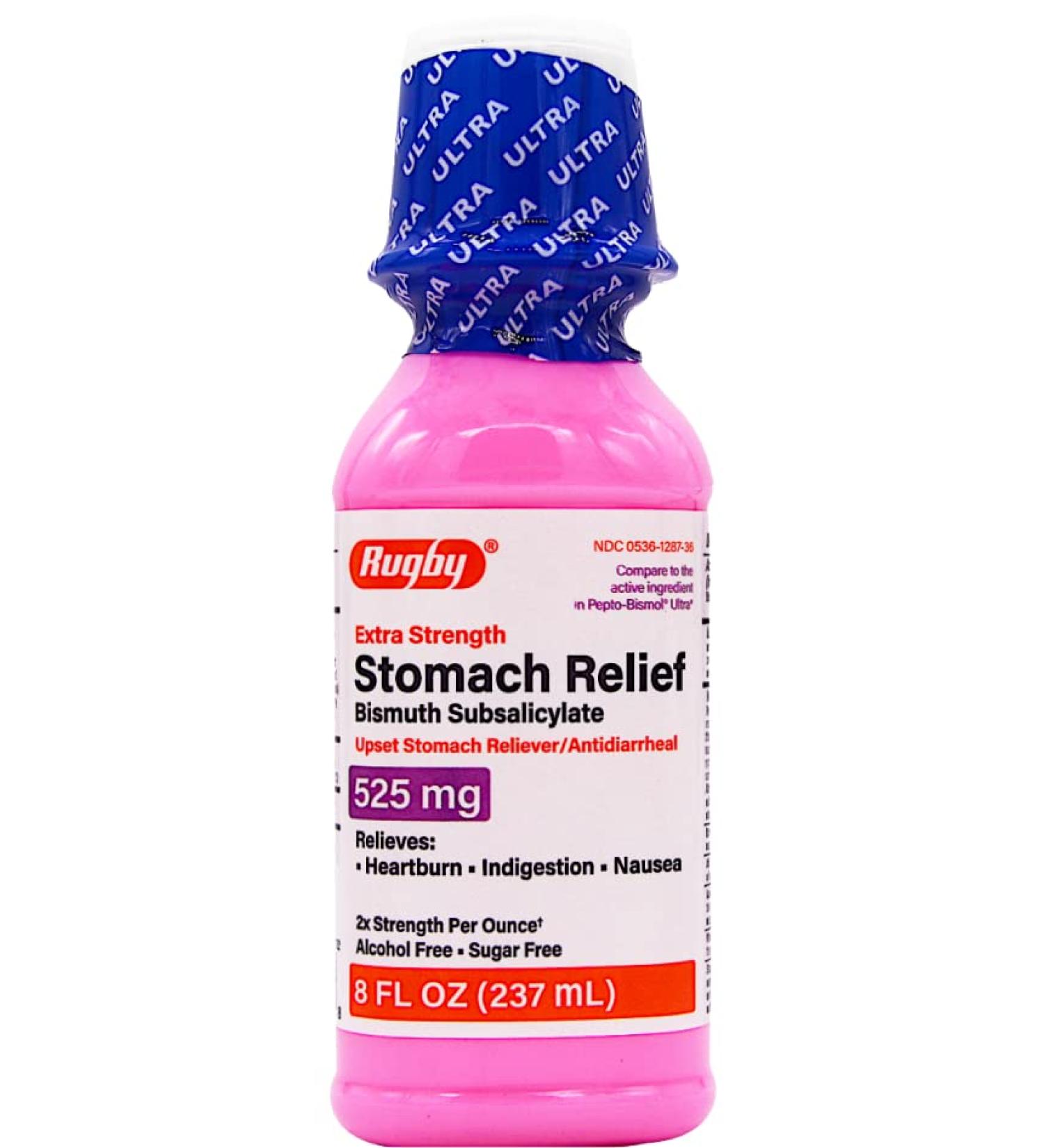 Rugby Extra Strength Upset Stomach Reliever/Antidiarrheal Bismuth Subsalicylate 525 mg - 2X Strength per Ounce - 8 Fl Oz