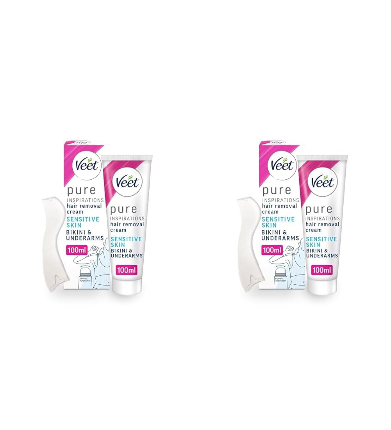 Veet Pure Hair Removal Cream Bikini & Underarm Sensitive Skin 100ml each BodyCurv Domed Applicator Long Lasting Smoothness Hydrates & Exfoliates Skin Pleasant Fragrance (Packaging may vary) 100 millilitre (Pack of 2) - Buy Online on GoSupps.com