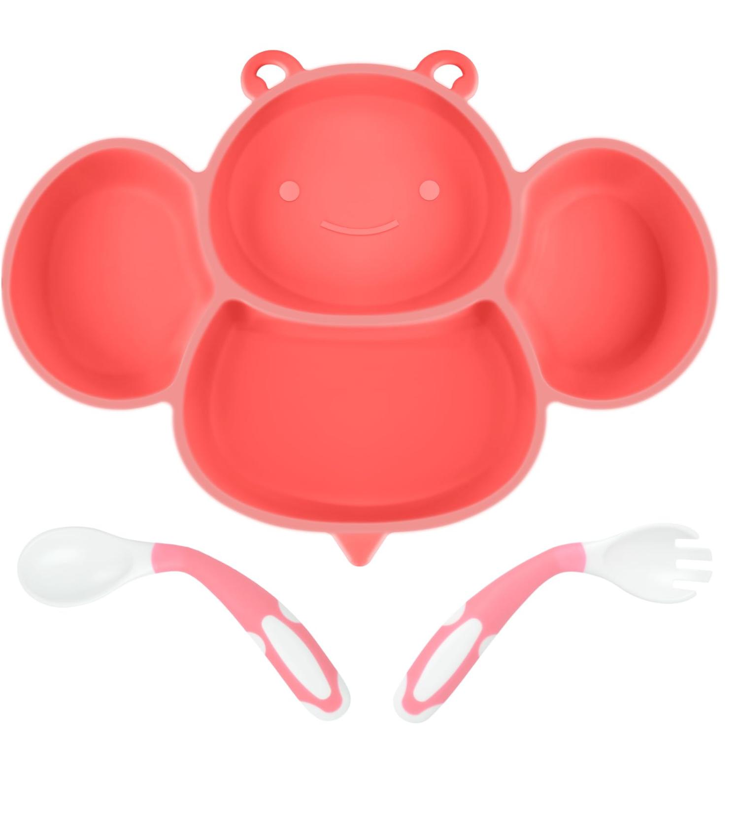 Vicloon Baby Suction Plate with Fork & Spoon Set - Non-Slip Silicone Divided Feeding Plate for Toddler Self Feeding, BPA-Free & FDA Approved - Dishwasher Safe - Pink Bee - Buy Online on GoSupps.com