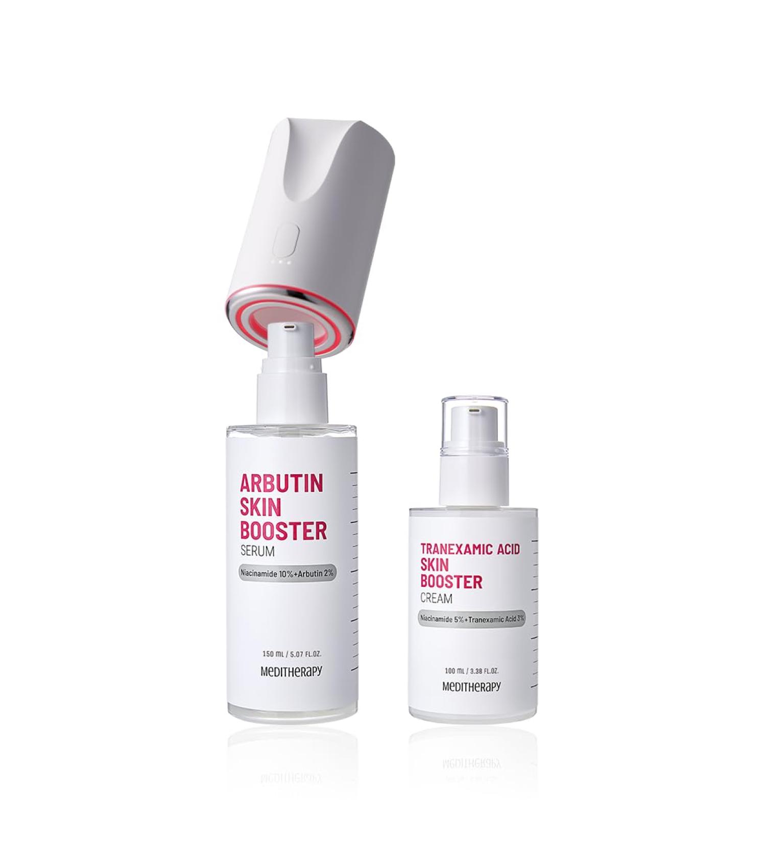 Arbutin Skin Booster Serum with Device + Tranexamic Acid Skin Booster Cream - Korean Face Serum with 10% Niacinamide and 2% Arbutin & 3% TXA - Home Face Massage Tool - Boosts Skin Absorption by 770% - Buy Online on GoSupps.com