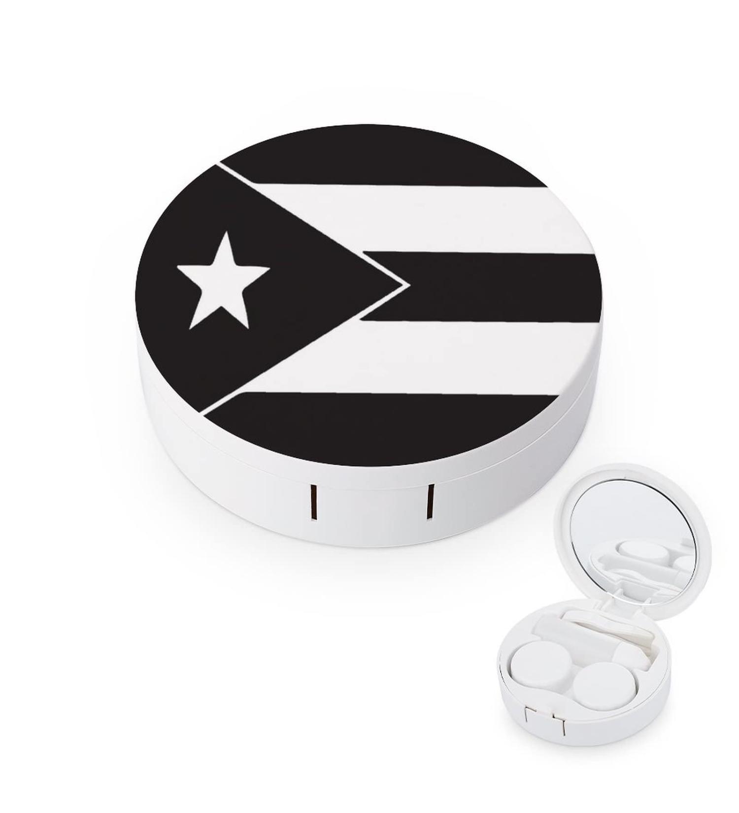Black Puerto Rico Flag Round Case For Contact Lens Kit Storage Box with Mirror Printed - Buy Online on GoSupps.com