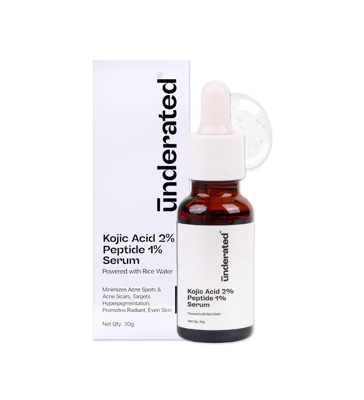 Underated Kojic Acid 2% + Peptide 1% Face Serum with Rice Water | Lightweight Brightening Formula for Uneven Skin Tone Dark Spots & Blemishes | 30g - Buy Online on GoSupps.com