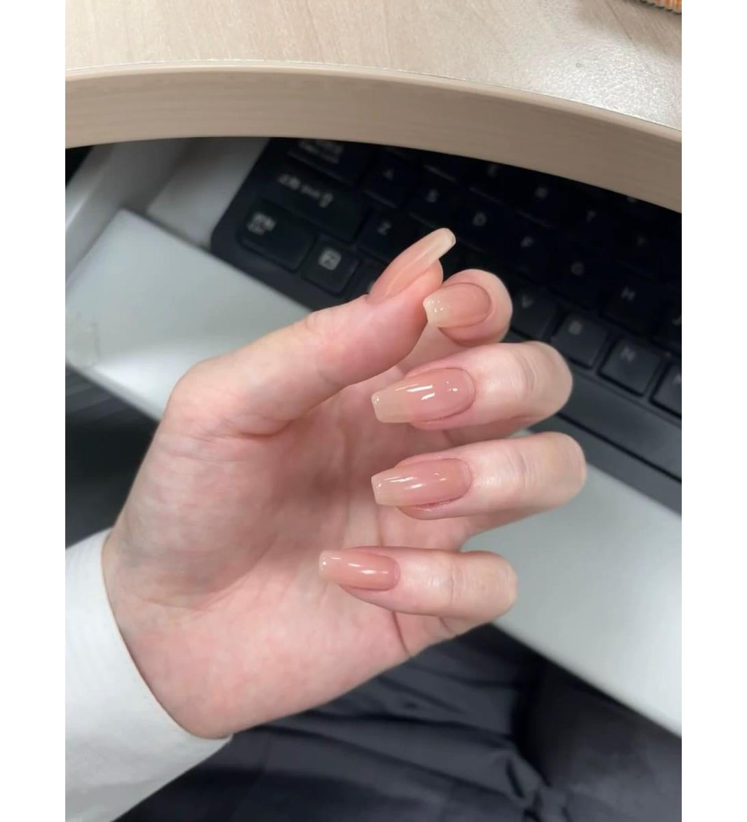 24Pcs Press On Nails Short Short Nude Fake Nails Reusable Nail Kit with Nail Glue Adhesive Tabs Mini Nail File Cream Puff Solid Finger Glue on Nails Short Nails (Natural Nude - Mid-Length)
