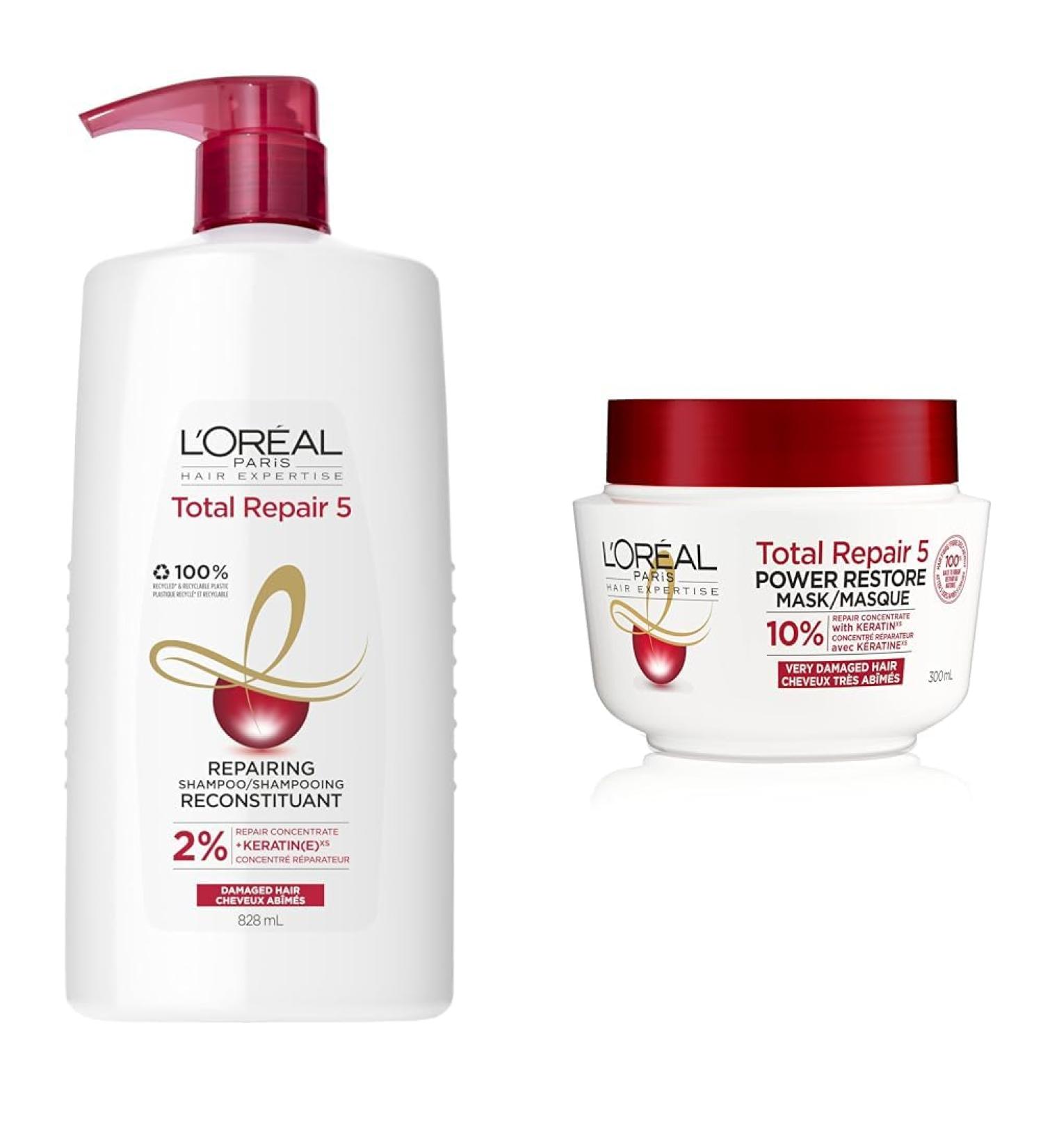 L'Oreal Paris Total Repair 5 Shampoo For Dry and Damaged Hair With Protein & L'Oreal Paris Total Repair 5 Restoring Hair Mask with Protein Calendula Extract and Ceramide for Damaged Hair - Buy Online on GoSupps.com
