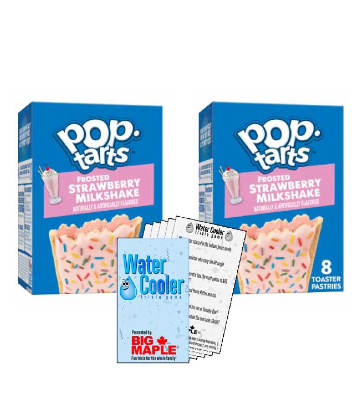 Strawberry Milkshake Breakfast Pastry Bundle. Includes (2) Boxes of Strawberry Milkshake Flavoured Pop-Tarts (8 per box) with Water Cooler Trivia Game by BIG MAPLE . Fun Treat for Breakfast or as a Snack - Buy Online on GoSupps.com