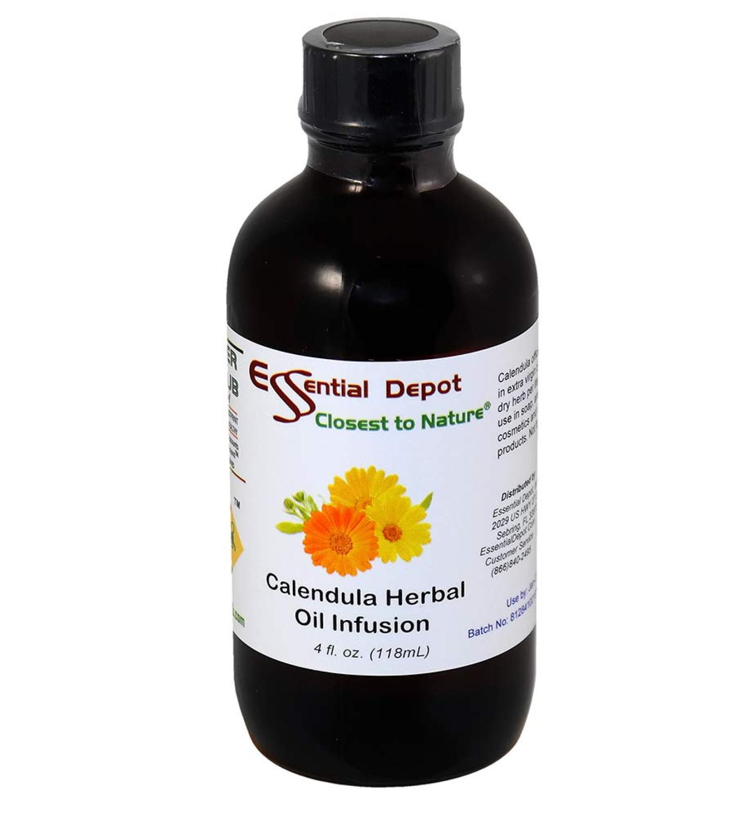 Essential Depot Calendula Herbal Oil Infusion - Vegan - Non-GMO - Supplied in 4 oz. amber glass bottle with Black Phenolic Cone Lined Safety Sealed Cap - Buy Online on GoSupps.com