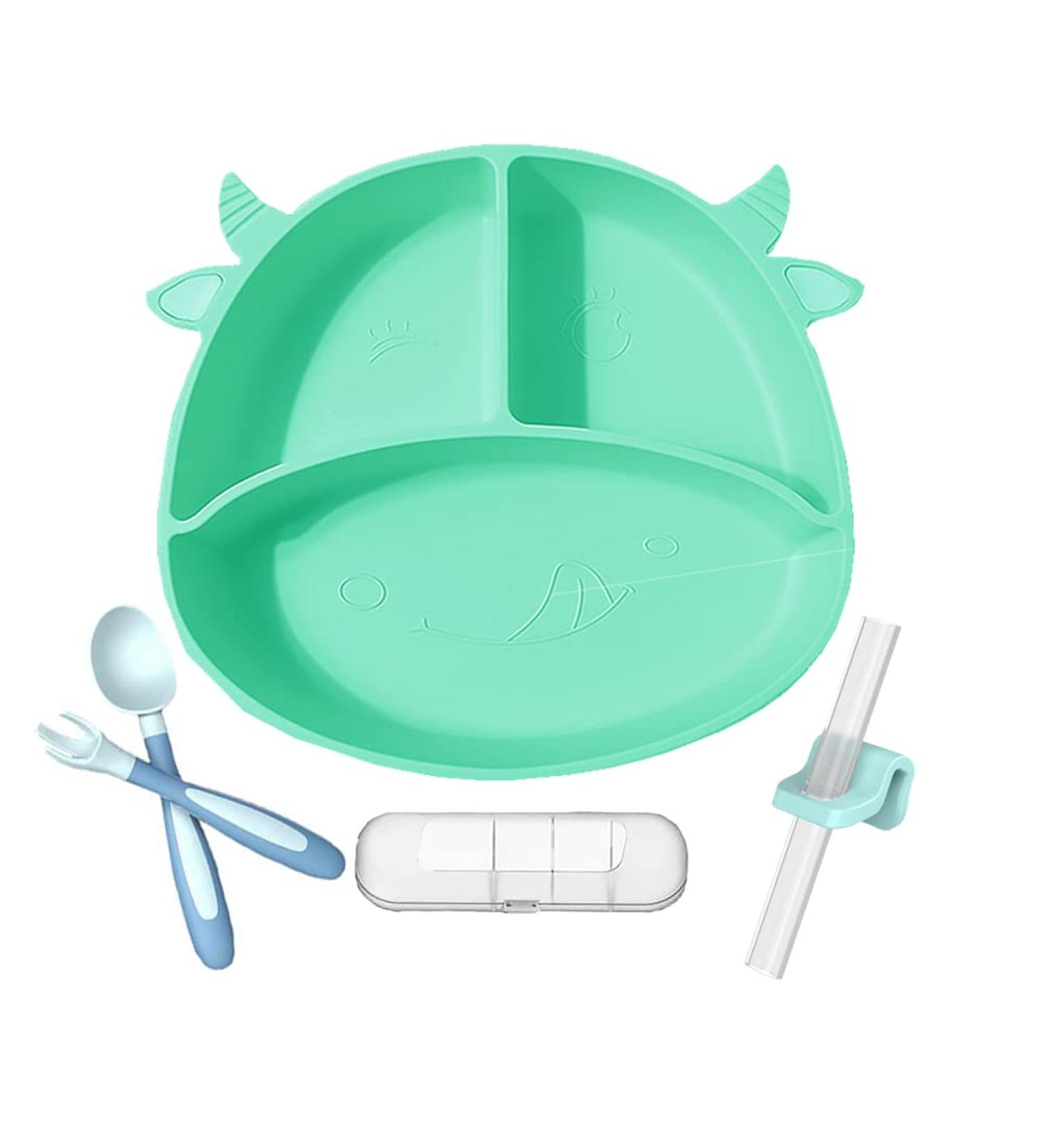 Non-Slip Silicone Baby Suction Plate Set with Divided Placemat - Green | Includes Bendable Fork & Spoon | Toddler Feeding Plate for Self Feeding Training - Buy Online on GoSupps.com
