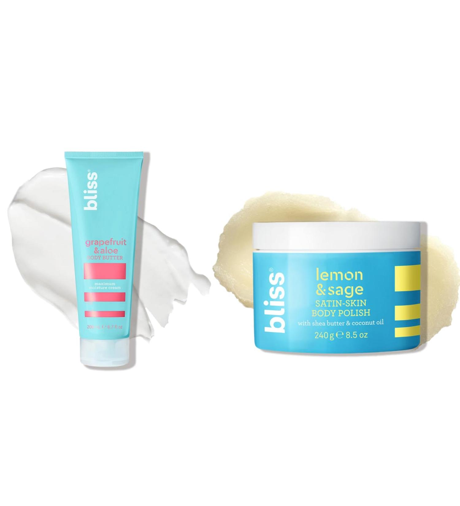 Bliss Hydrate and Exfoliate Duo Body Butter - Grapefruit and Aloe - Maximum Moisture Cream - 6.7 Fl Oz - Body Lotion for Dry Skin Satin-Skin Body Polish - Lemon and Sage - Body Scrub wit - Buy Online on GoSupps.com