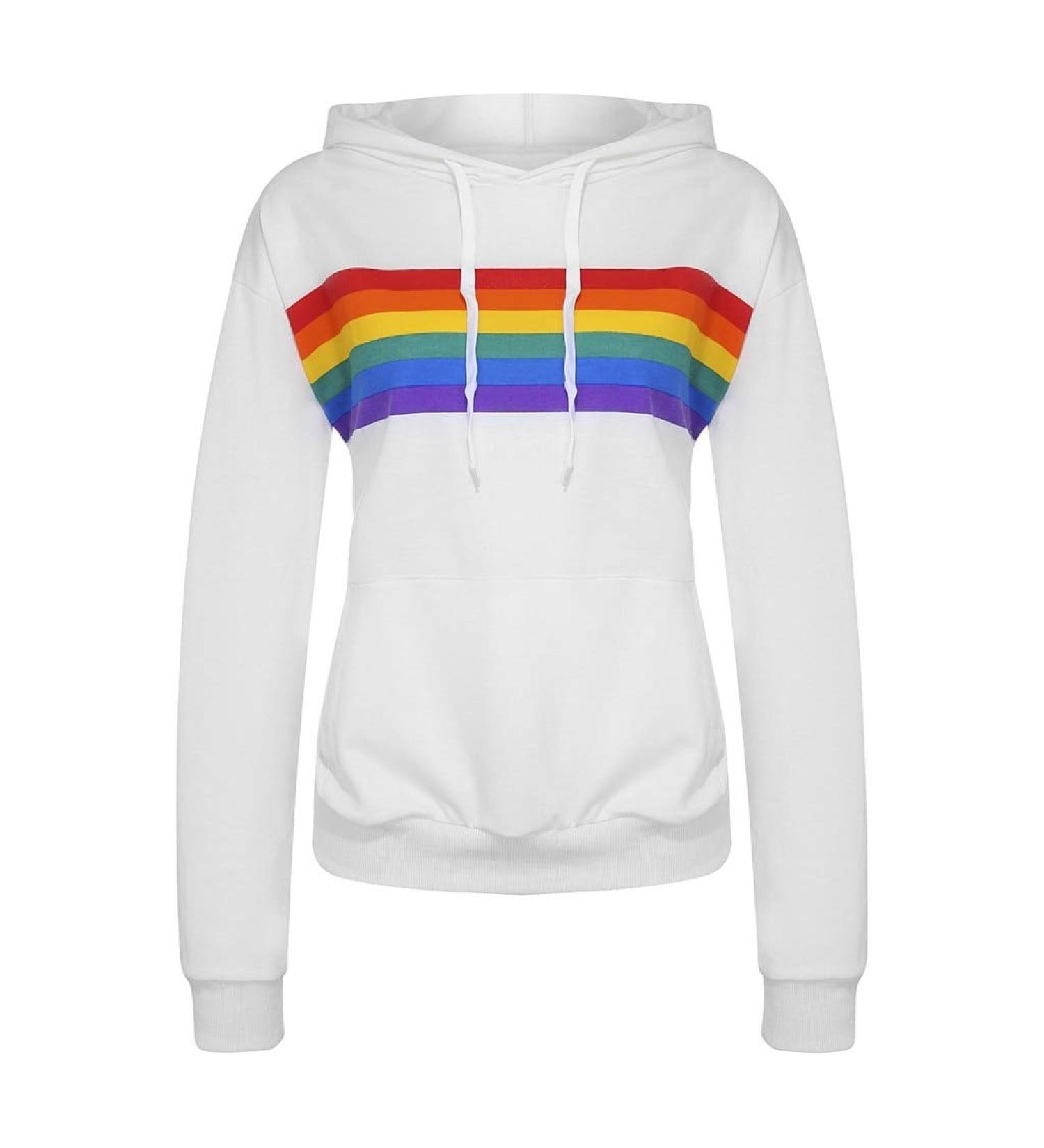 Bigfanshu Women's Sweatshirt Fashion Rainbow Print Hoodie Pullover Tops Female Casual Loose O-Neck Blouse