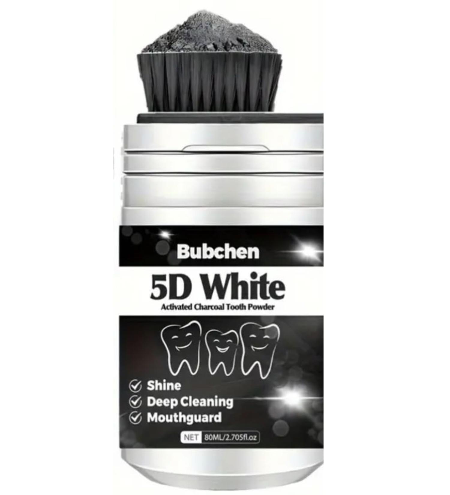 Bubchen 5D White Activated Charcoal Tooth Powder 2.7 fl oz Deep Cleaning with Shine & Mouthguard