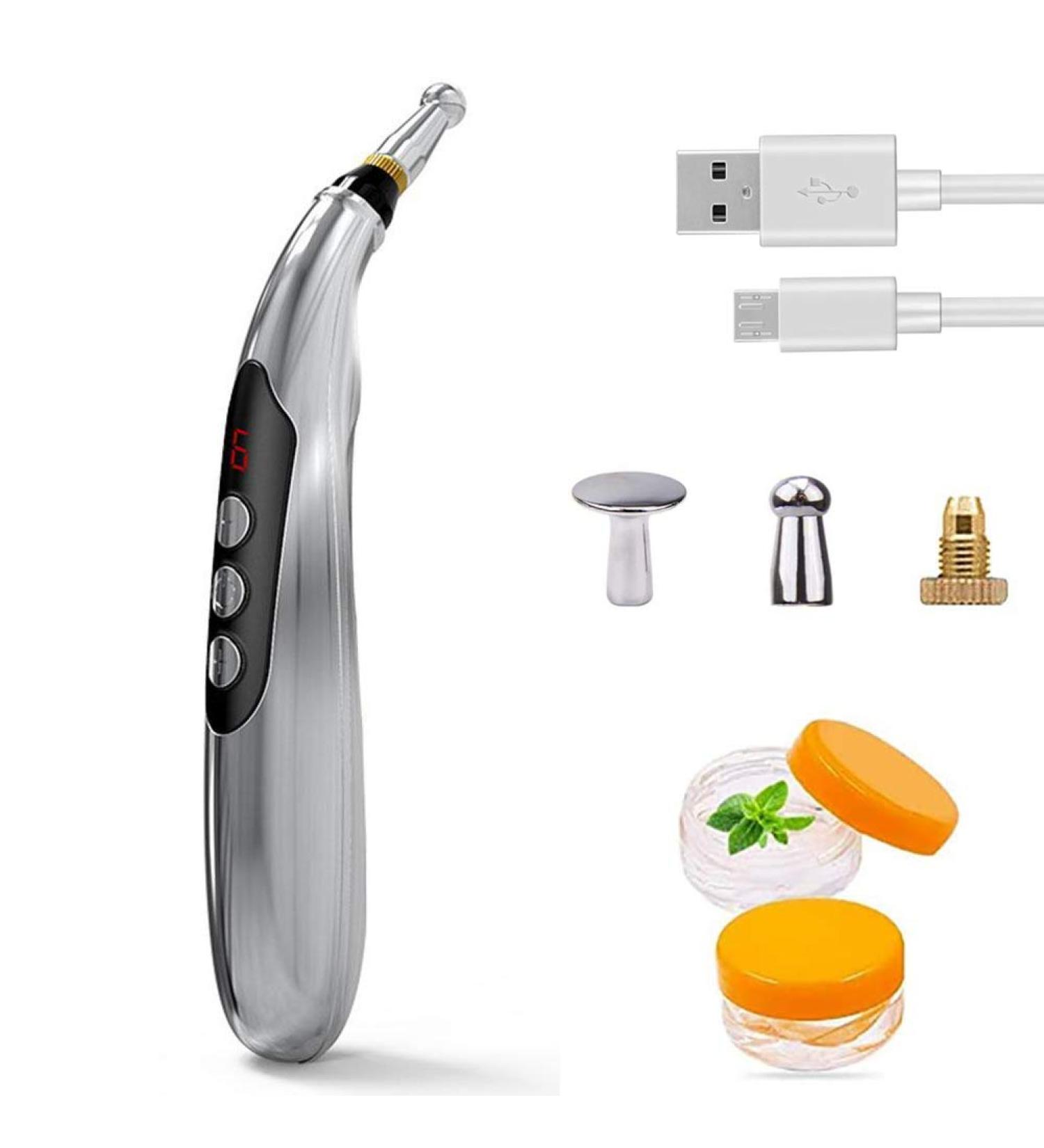 Electronic Acupuncture Pen USB Rechargeable Pain Relief Massager with 3 Heads & 2 Gel - Buy Online on GoSupps.com