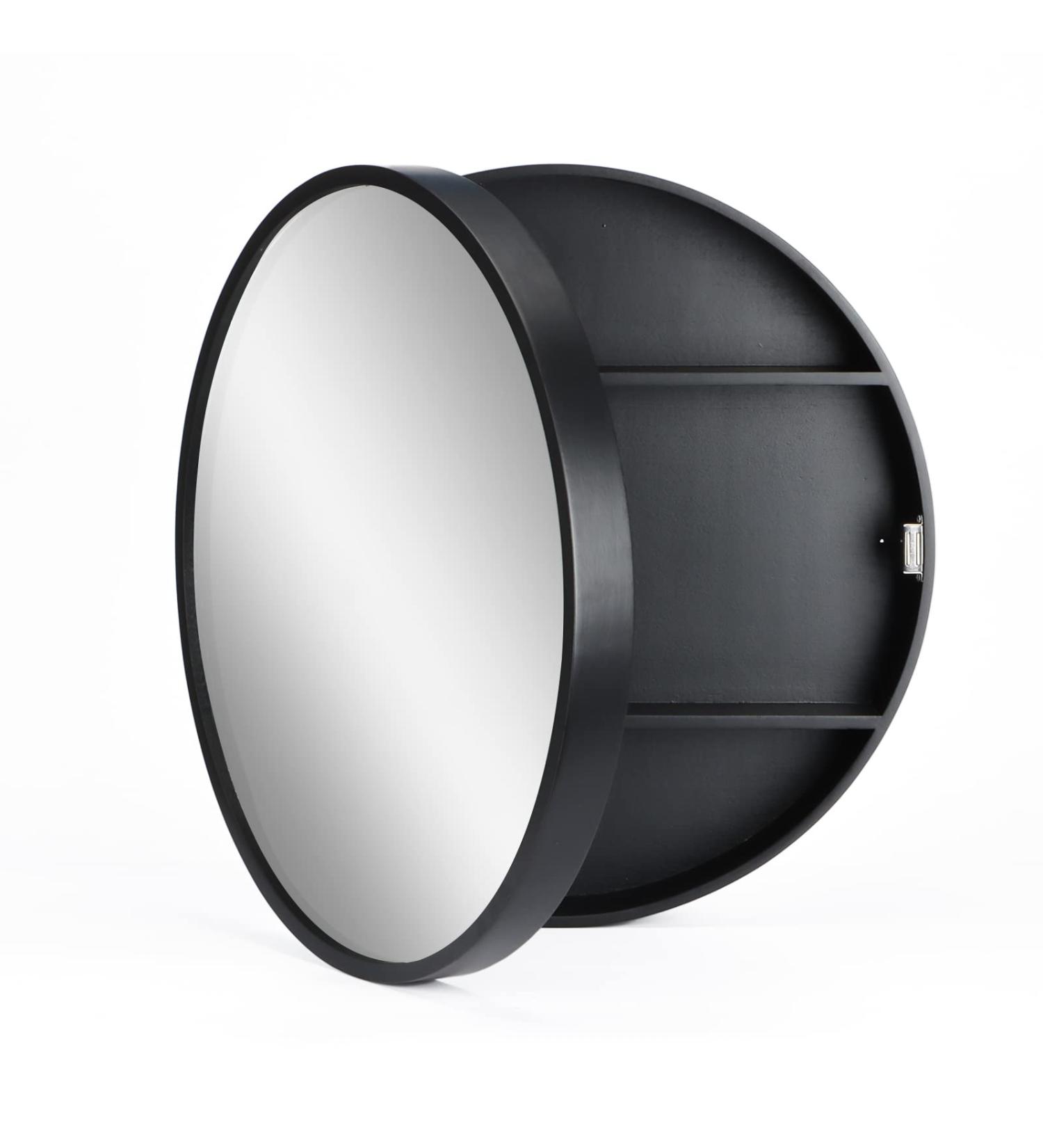 SDK Round Bathroom Mirror Cabinet - Black 50CM: Wall Storage & Medicine Cabinet with Slow-Close Wooden Frame - 3 Level Organization - Buy Online on GoSupps.com