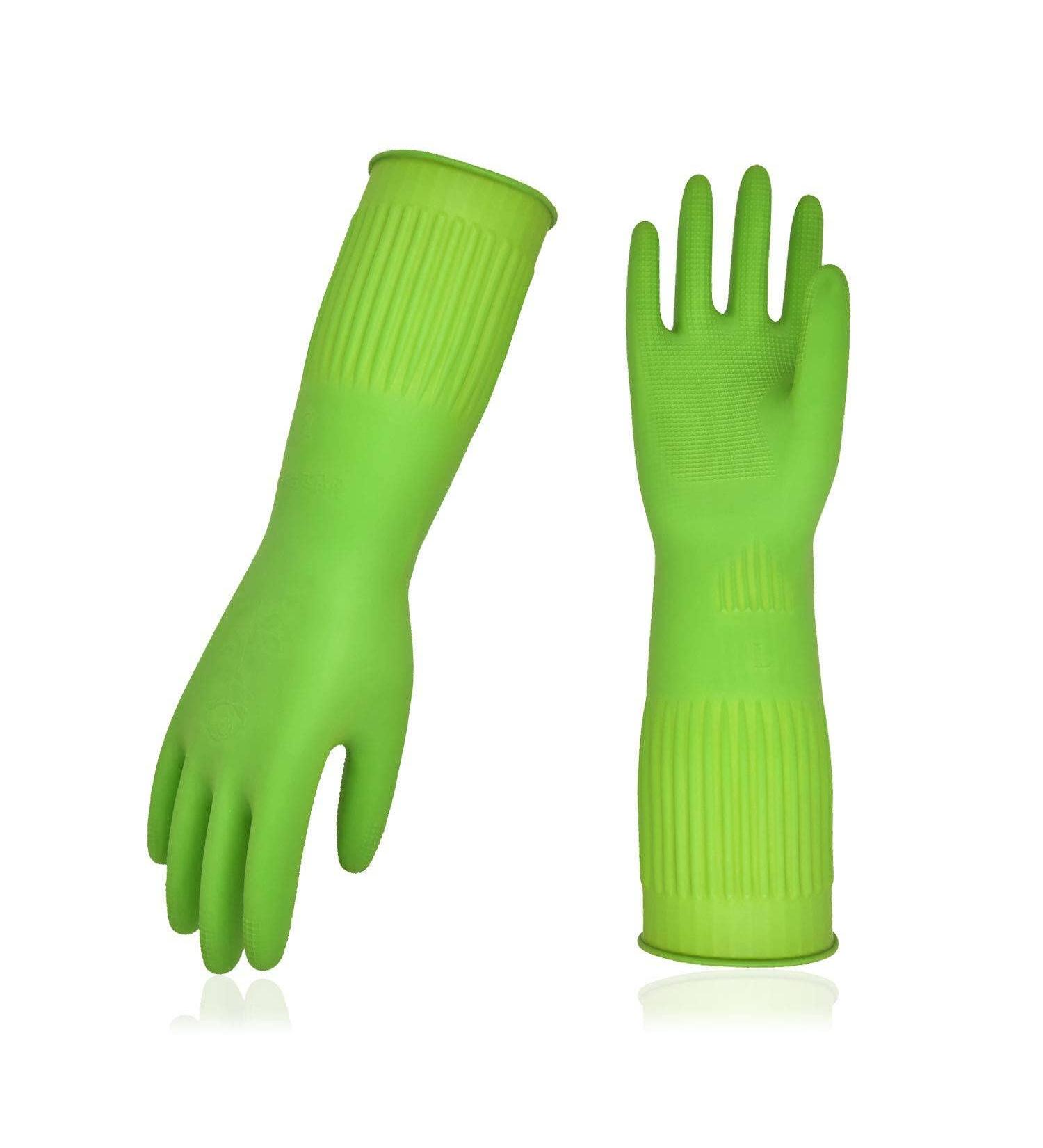 Vgo Reusable Long Sleeve Dishwashing Gloves, Size L Green - 1 Pair | Thick Latex Cleaning Gloves for Kitchen, Washing, Painting, Gardening, Pet Care - Buy Online on GoSupps.com