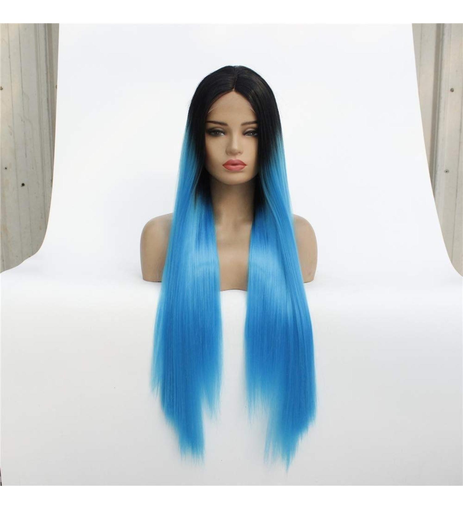 Buy Women's Chemical Fiber Black Gradient Blue Long Straight Lace Wig - Perfect for All Occasions! - Buy Online on GoSupps.com