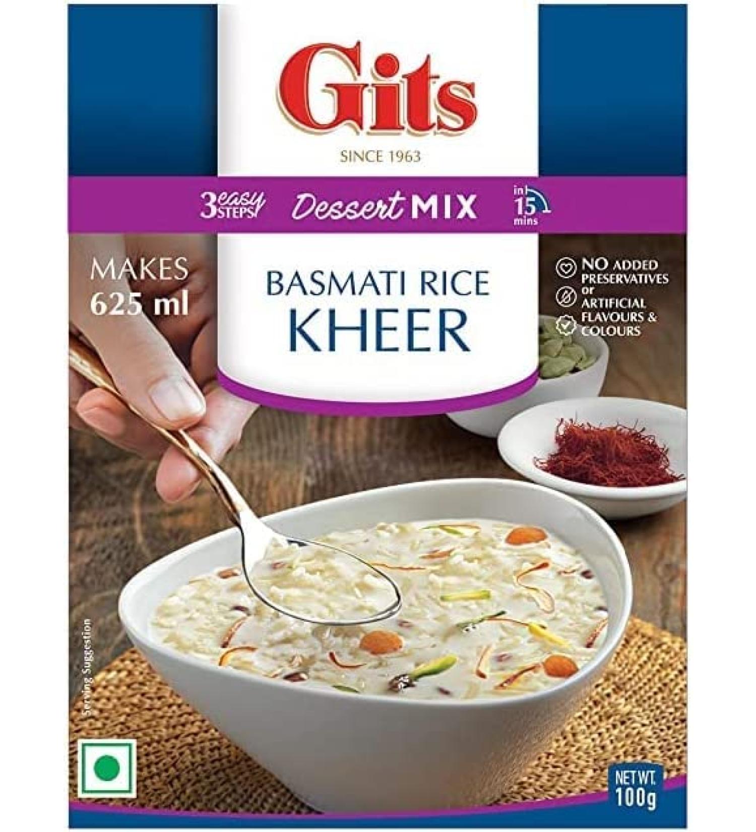 Gits Basmati Rice Kheer Dessert Mix 100g - A Traditional Popular Indian Dessert Made From Milk And Rice - Garnished With Almond Pistachios And Raisins Flavoured With Saffron And Cardamon (Pack of 1) - Buy Online on GoSupps.com