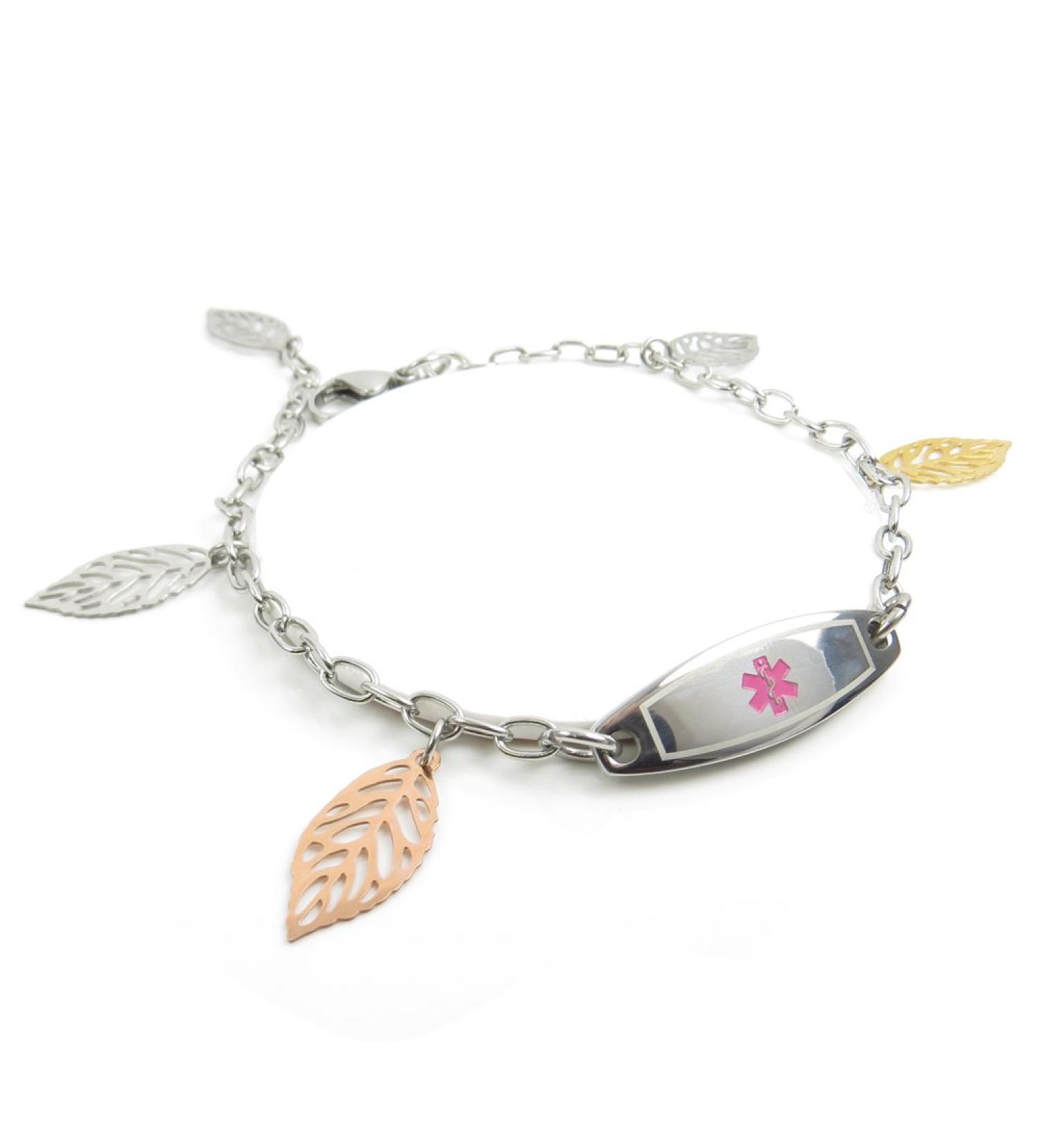 Customized Women's Multiple Sclerosis Medical Bracelet - Pre-Engraved Steel Leaves | International Shipping Available - Buy Online on GoSupps.com