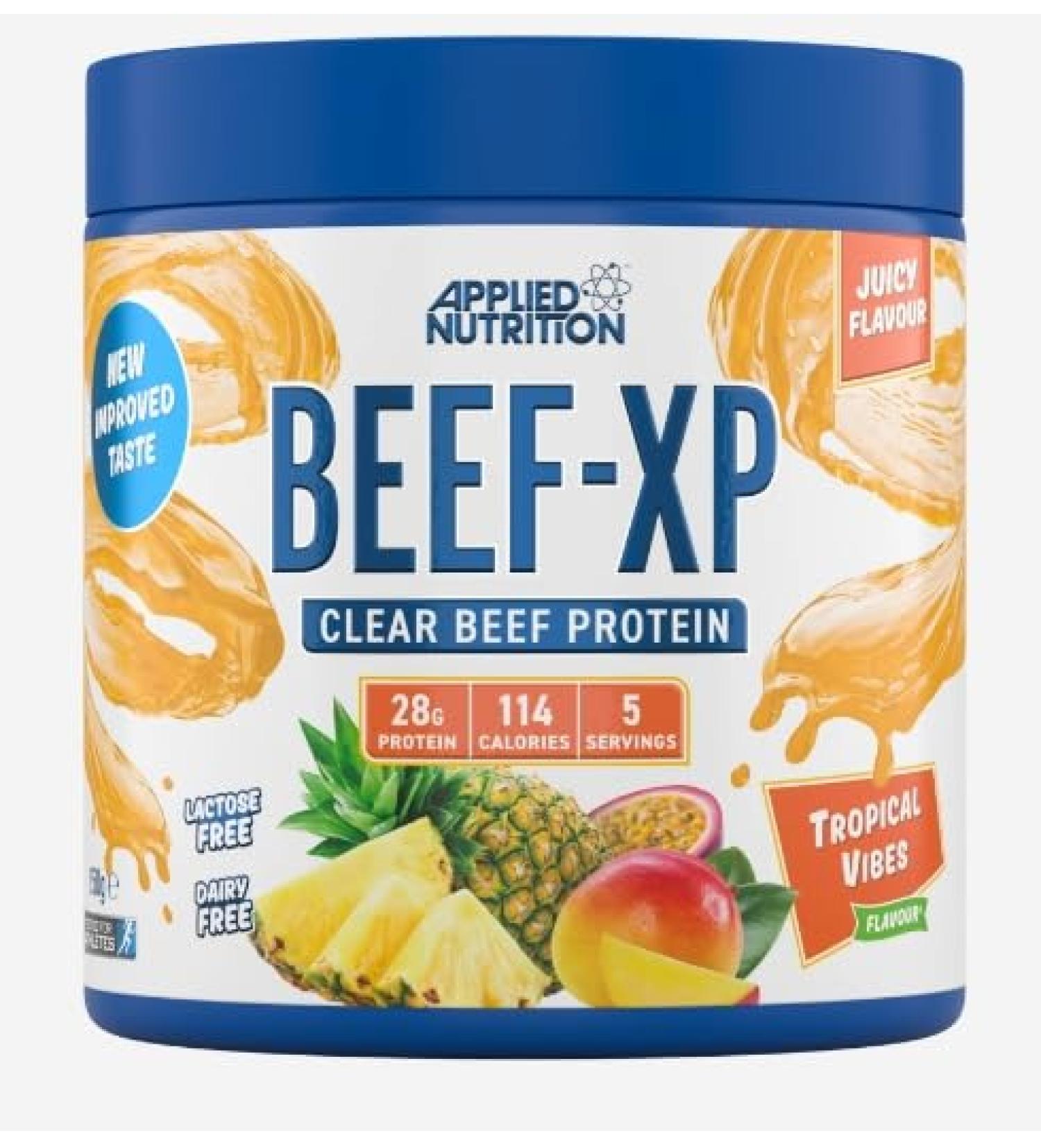 Beef XP - Clear Hydrolysed Beef Protein Isolate Fruit Juice Style Dairy Free Beef Protein Powder Lactose Free Zero Sugar Low Fat 5 Servings (150 g Tropical) Tropical 150 g
