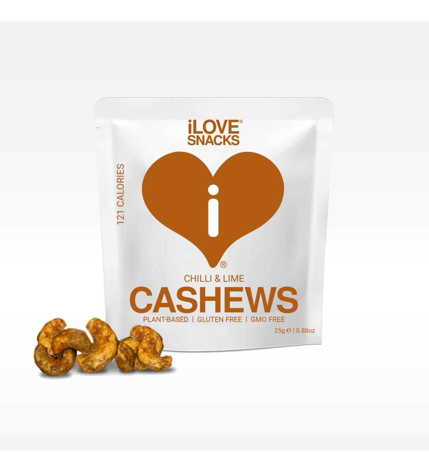 iLOVE SNACKS - Chilli & Lime Cashews Cashew Nuts Flavoured Cashews Chilli Lime Gluten-Free Plant-Based Vegetarian GMO Free Palm Oil Free Healthy Snack Natural Protein Spicy 20 x 22g